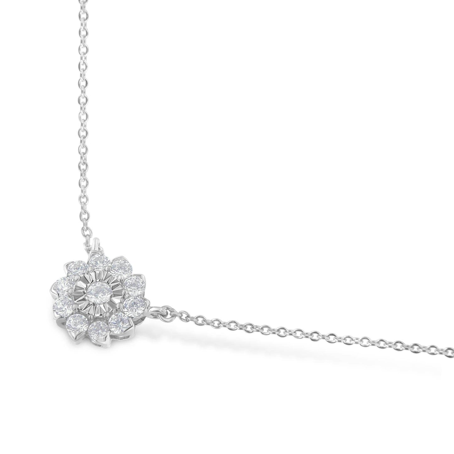 .925 Sterling Silver 1/2 Cttw Diamond Miracle Set Flower Cluster Pendant Necklace with Cable Chain (I-J Color, I1-I2 Clarity) - 18” - Bijoux-NYC Direct