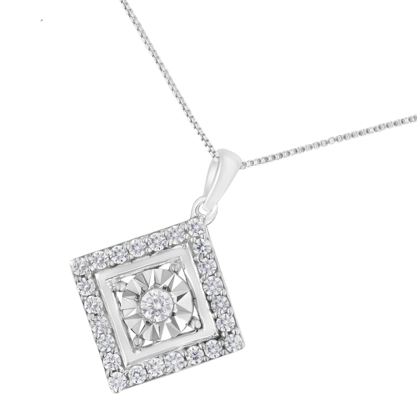 10KT White Gold 1/2 cttw Diamond Square Pendant Necklace (I-J Color, I2-I3 Clarity) - Bijoux-NYC Direct
