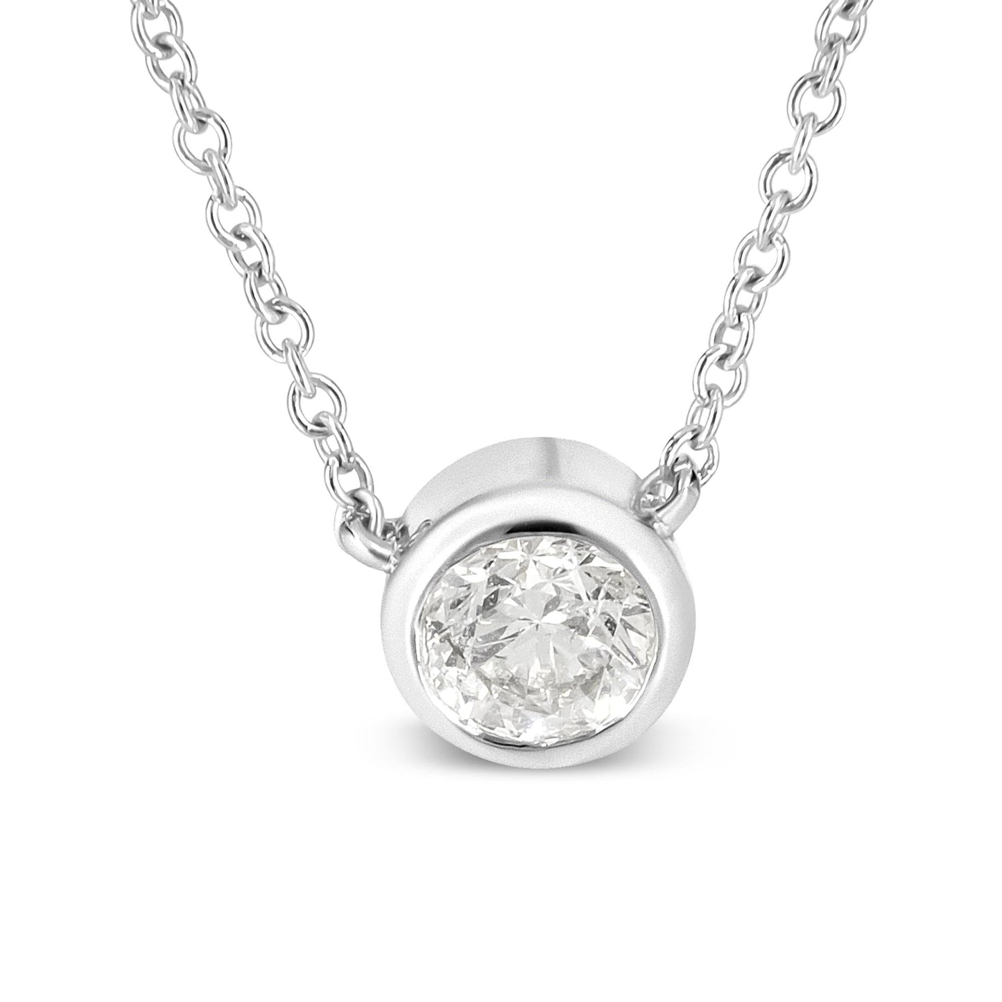 10K White Gold 1/3 Cttw Round Bezel-Set Diamond Solitaire Pendant Necklace (I-J Color, I1-I2 Clarity) - Adjustable 16-18" - Bijoux-NYC Direct