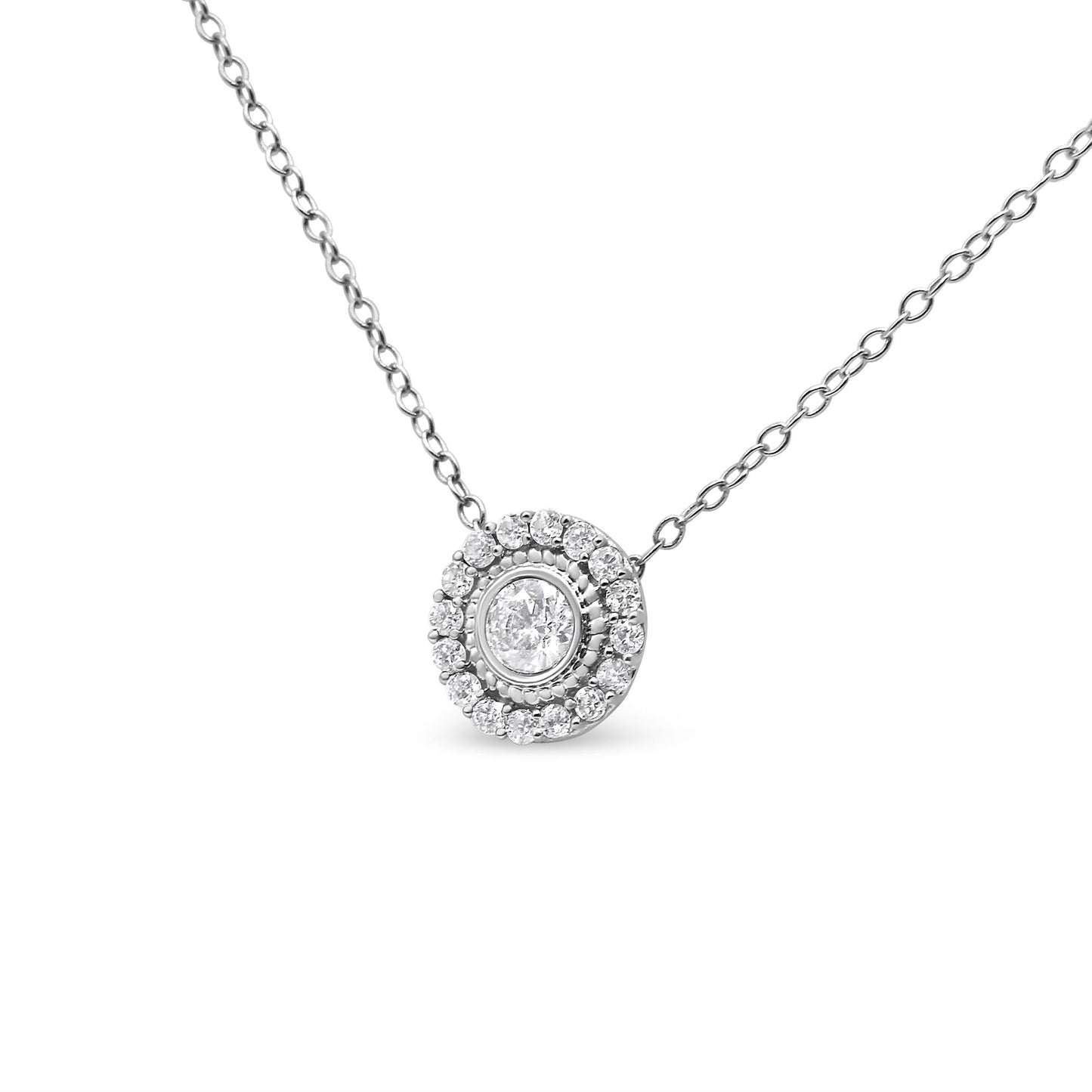 .925 Sterling Silver 1/2 Cttw Round Diamond Halo Circle Pendant 18" Necklace (I-J Color, I2-I3 Clarity) - Bijoux-NYC Direct