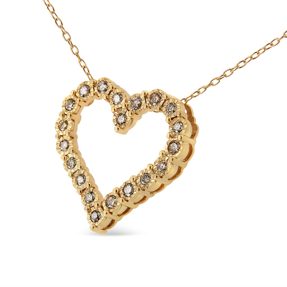 10K Yellow Gold Flashed .925 Sterling Silver 1/2 Cttw Champagne Diamond Miracle Plate Heart Pendant Necklace (K-L Color, I1-I2 Clarity) - 18" - Bijoux-NYC Direct