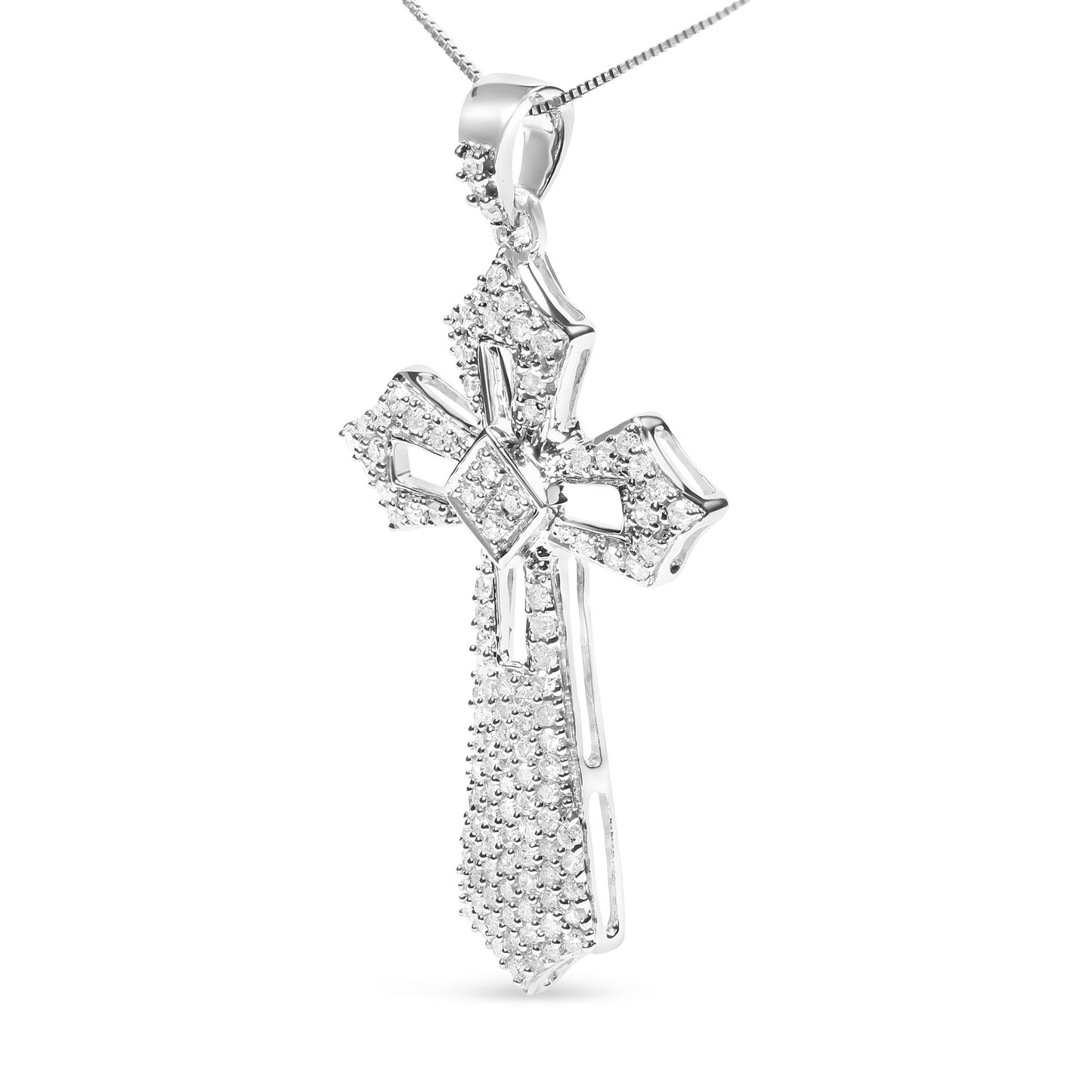 .925 Sterling Silver 1.00 Cttw Diamond Fleur De Lis Cross 18" Pendant Necklace (H-I Color, I2-I3 Clarity) - Bijoux-NYC Direct