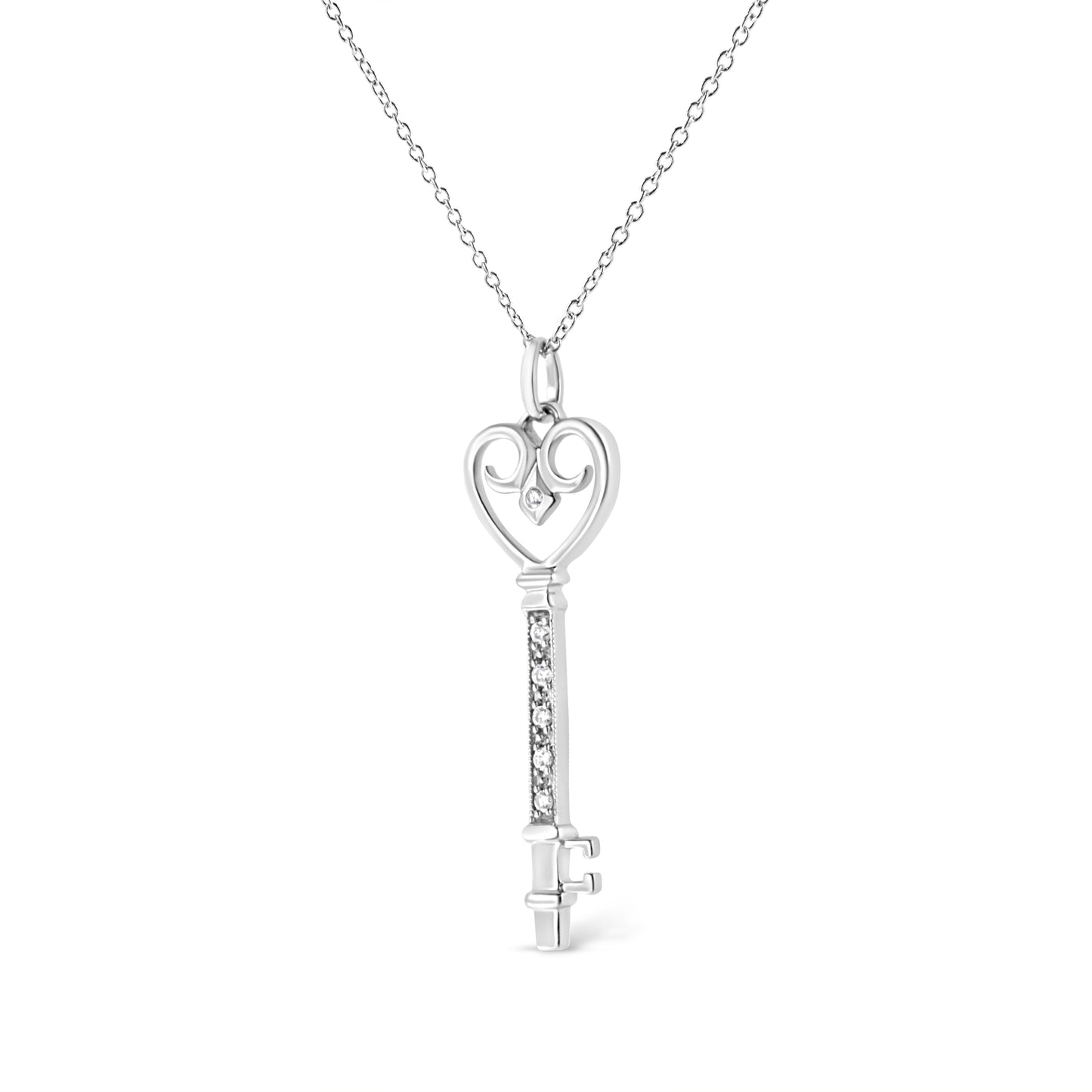 .925 Sterling Silver Pave and Bezel-Set Diamond Accent Key 18" Heart and Lock Pendant Necklace (K-L Color, I1-I2 Clarity) - Bijoux-NYC Direct