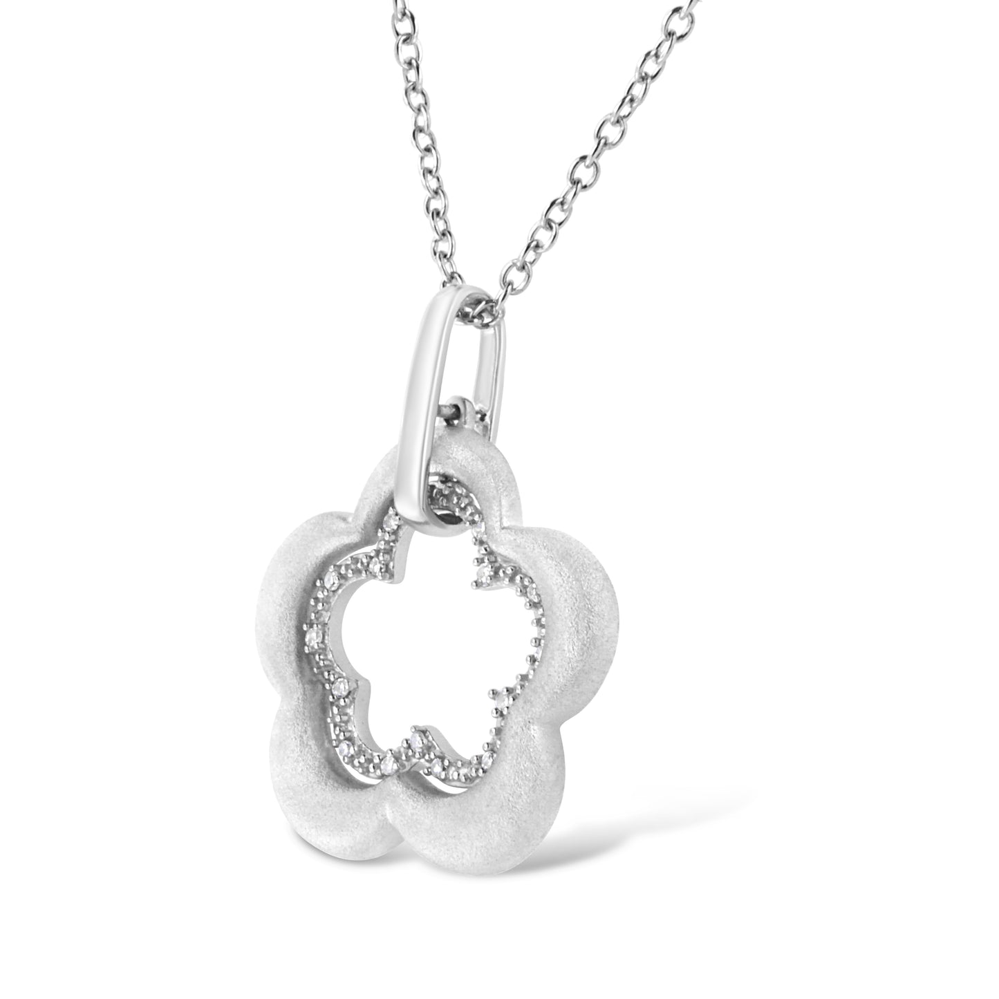 Matte Finished .925 Sterling Silver Diamond Accent Double Flower Shape 18" Satin Finished Pendant Necklace (I-J Color, I1-I2 Clarity) - Bijoux-NYC Direct
