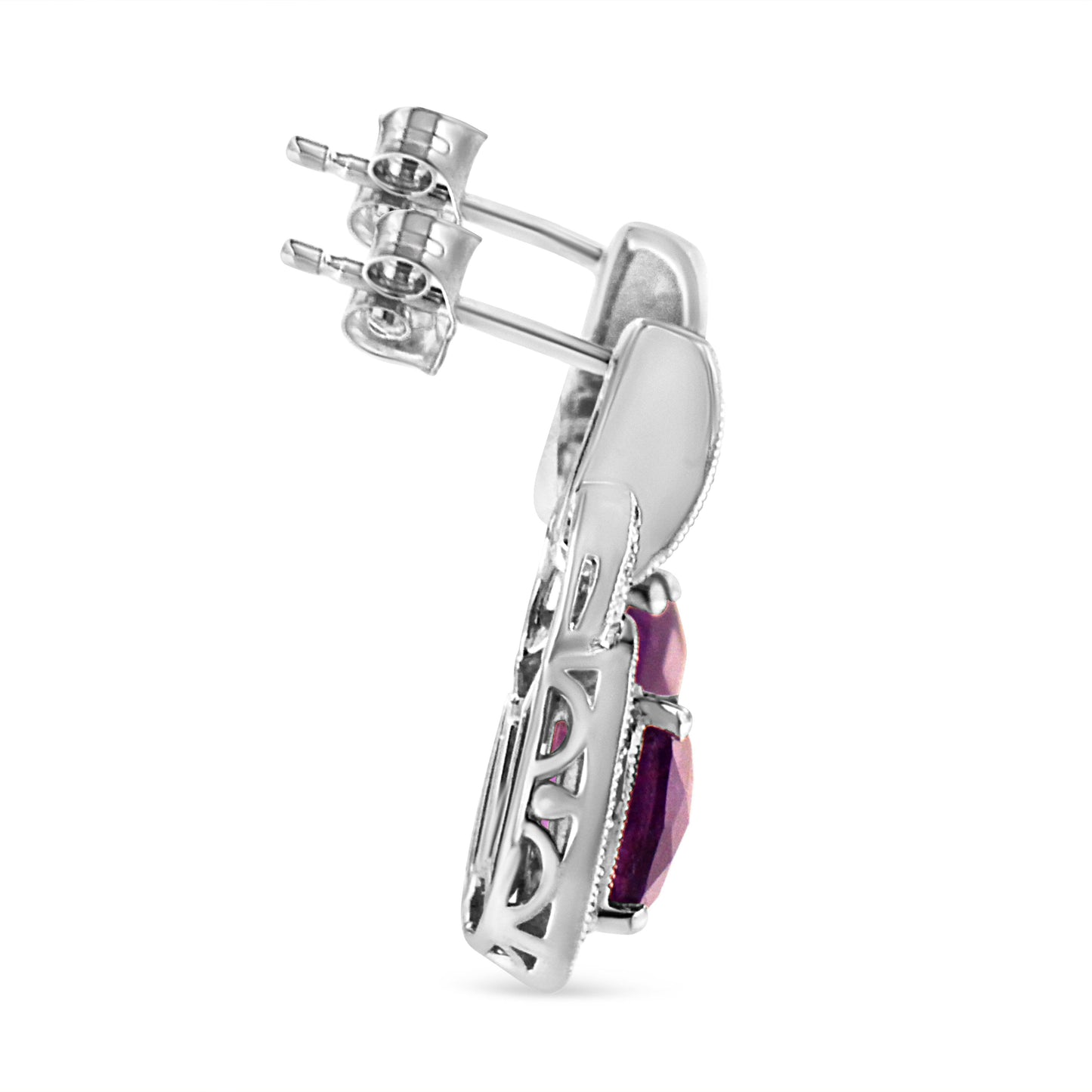.925 Sterling Silver 8MM Natural Cushion Shaped Amethyst and Diamond Accent Halo with Push Back Dangle Earrings (I-J Color, I2-I3 Clarity) - Bijoux-NYC Direct