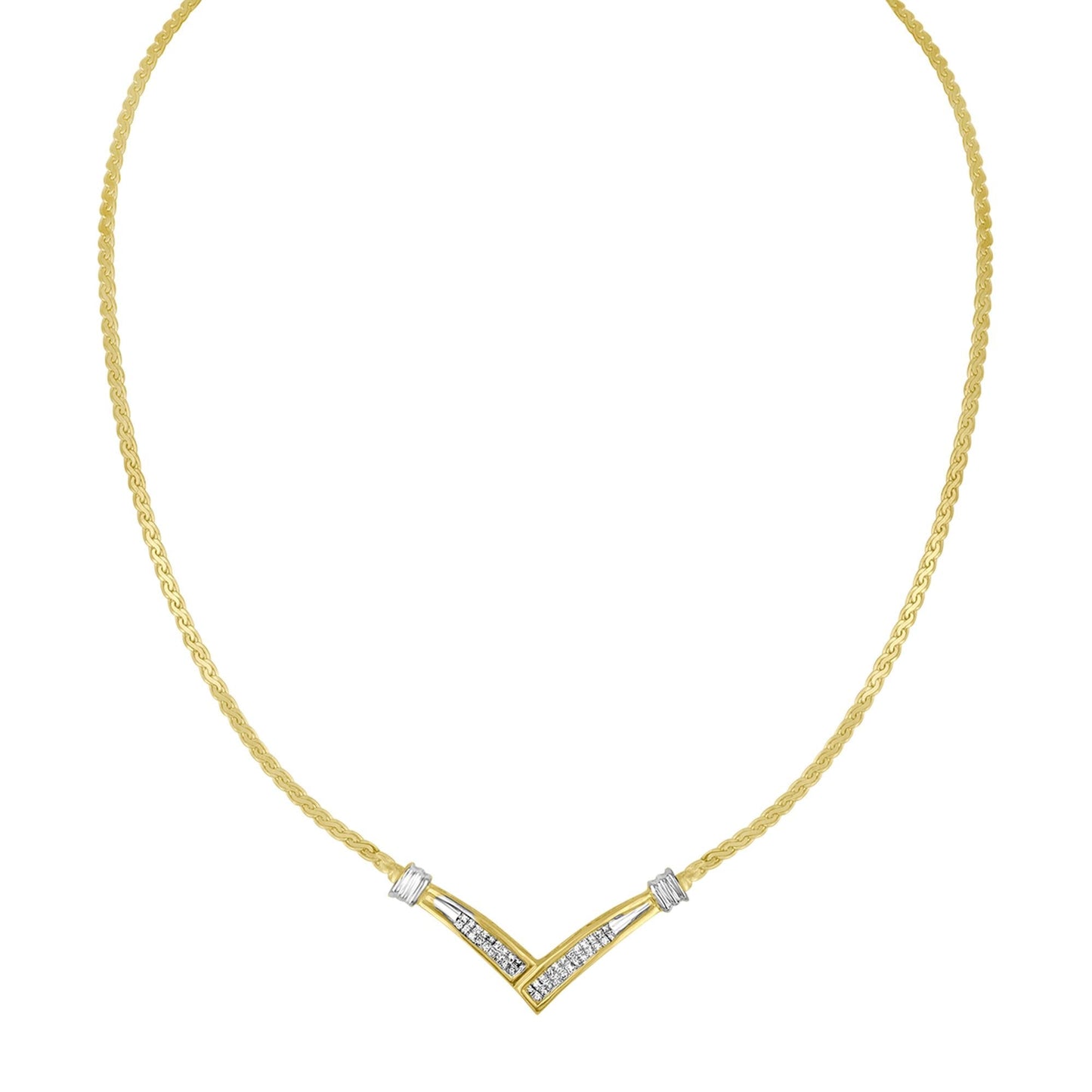 10K Yellow and White Gold 1/2 Cttw Princess Cut Diamond Channel-Set “V” Shape 18" Franco Chain Necklace (H-I Color, SI2-I1 Clarity) - Bijoux-NYC Direct