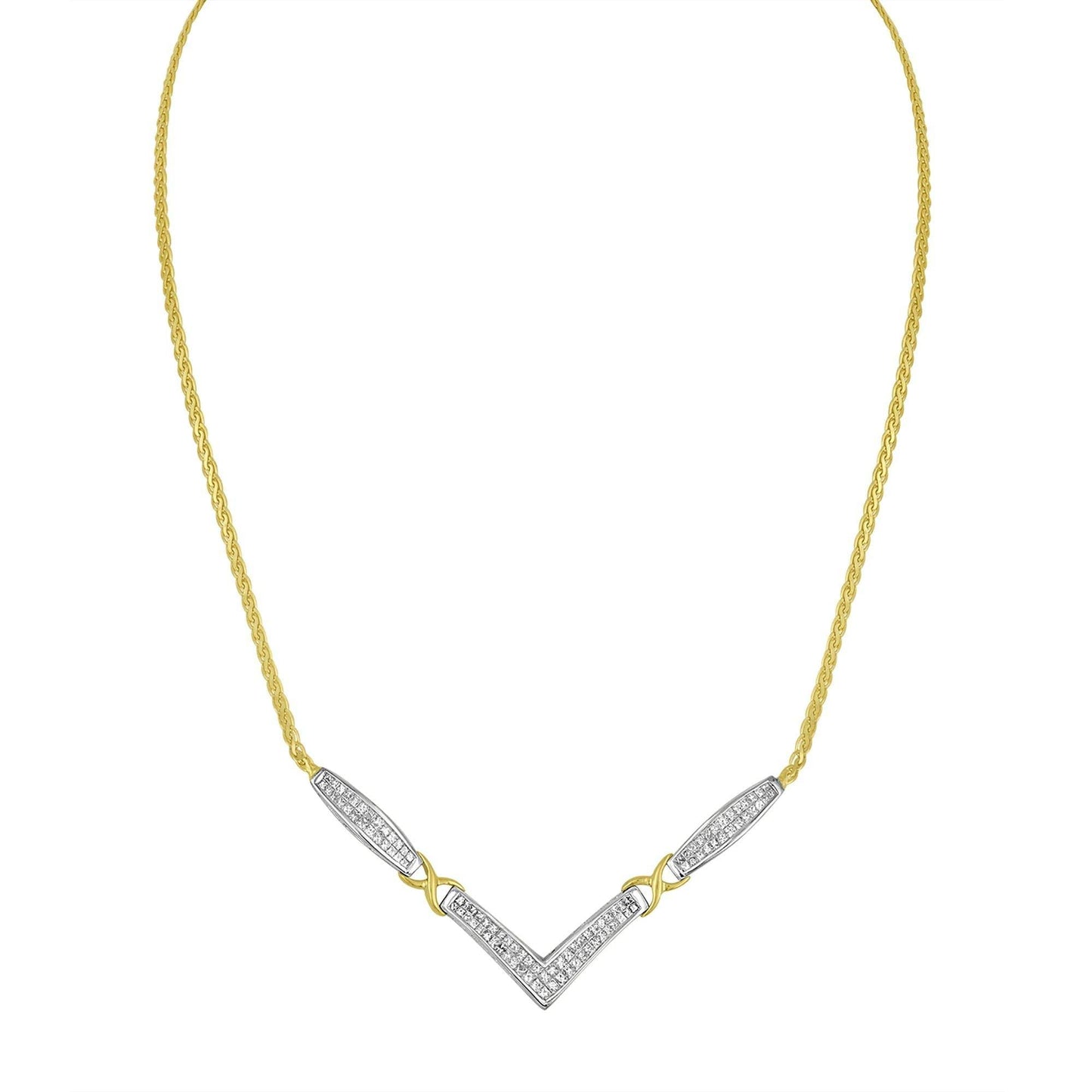 14K Yellow and White Gold 2.0 Cttw Princess Cut Diamond Flared and X-Station V Shaped 18” Franco Chain Statement Necklace (H-I Color, SI2-I1 Clarity) - Bijoux-NYC Direct
