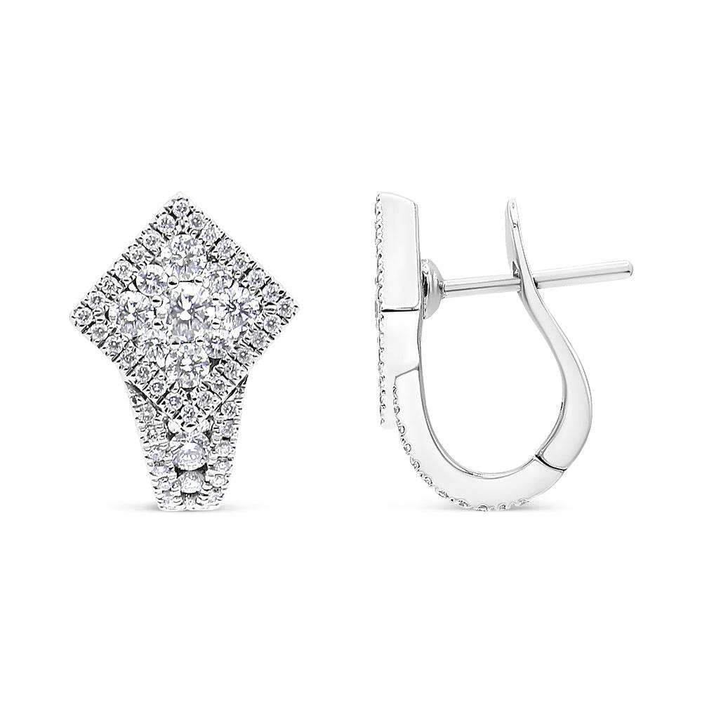 18K White Gold 1 1/10 Cttw Round Diamond Cluster with Halo Hoop Huggie Earring (F-G Color, VS1-VS2 Clarity) - Bijoux-NYC Direct