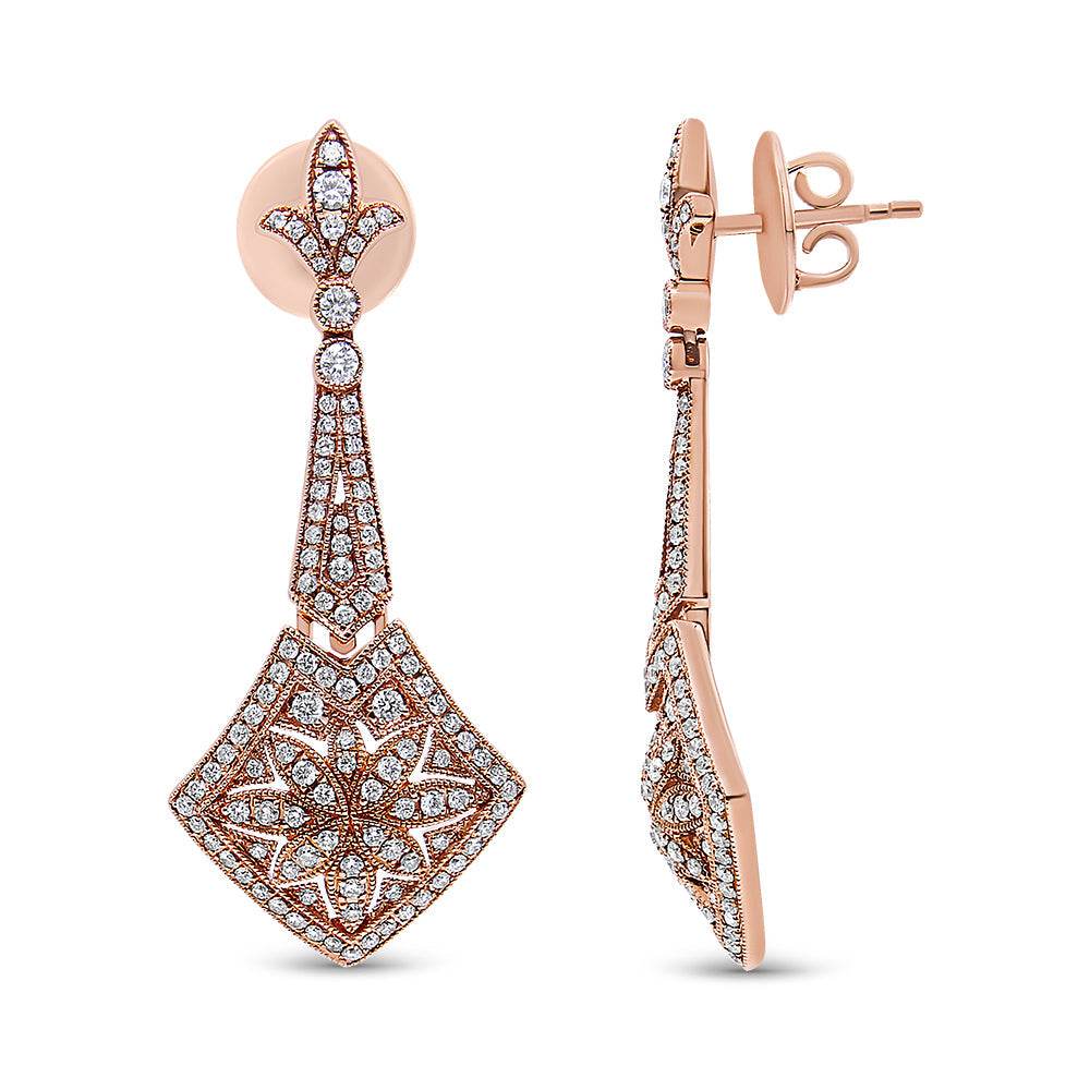 18K Rose Gold 1 1/3 Cttw Diamond Studded Fleur De Lis Trellis Style Drop and Dangle Earring (F-G Color, VS1-VS2 Clarity) - Bijoux-NYC Direct