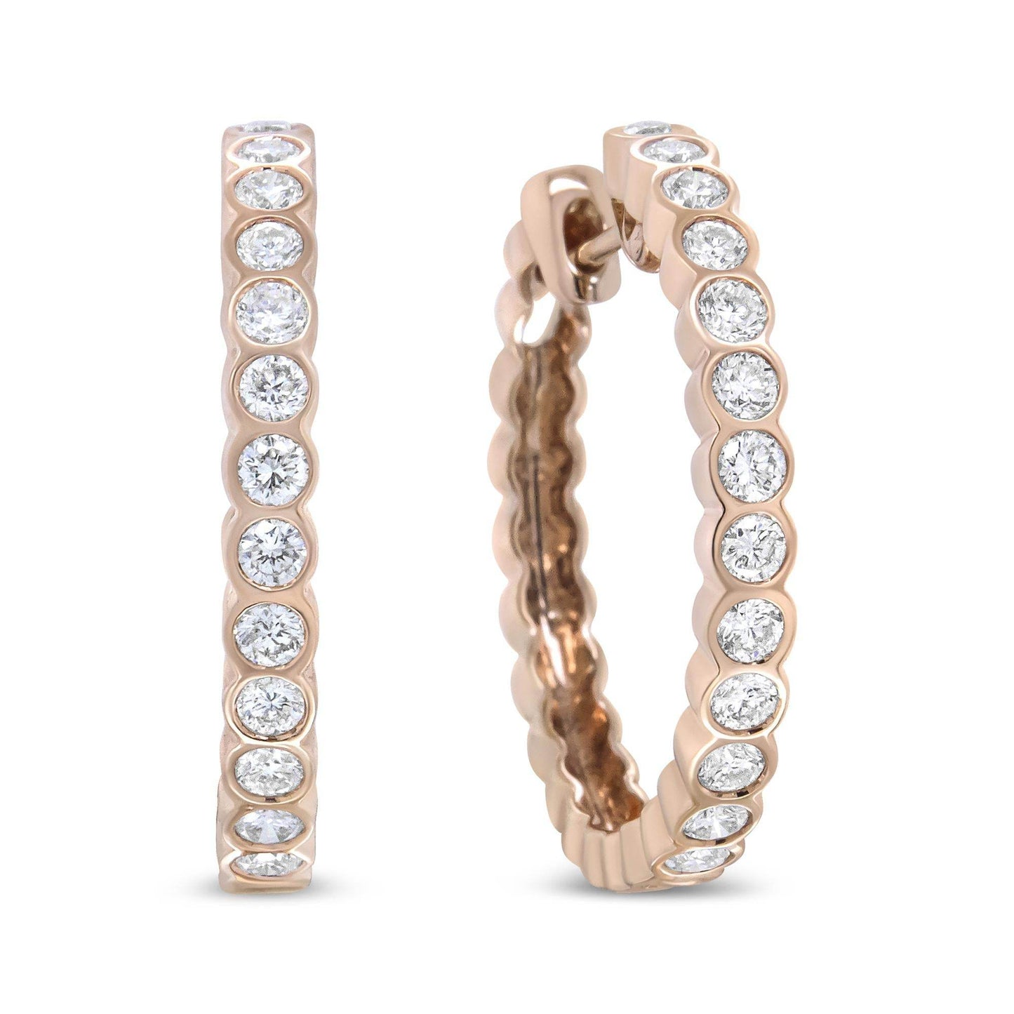 18K Rose Gold 1 Cttw Round Bezel-Set Diamond Hoop Earrings (F-G Color, VS1-VS2 Clarity) - Bijoux-NYC Direct