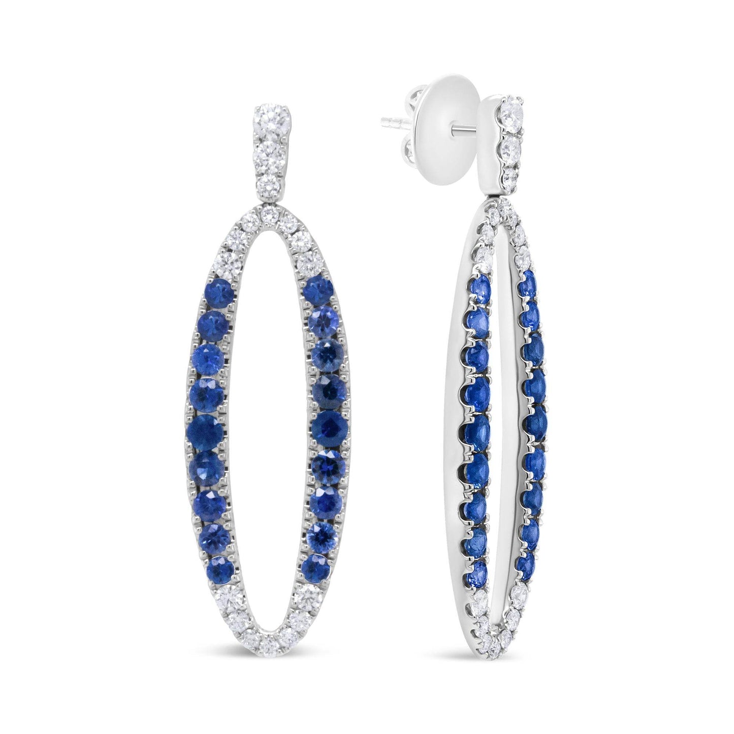 18K White Gold 1.11 Cttw Blue Round Diamond and Blue Sapphire Openwork Oval Shaped Dangle Earrings (F-G Color, VS1-VS2 Clarity) - Bijoux-NYC Direct
