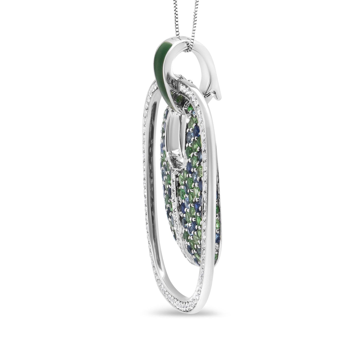 .925 Sterling Silver Green Enamel Pendant with 1/2 Cttw Diamond, Sapphire, and Tsavorite Openwork Statement 18" Pendant Necklace (F-G Color, VS1-VS2 Clarity) - Bijoux-NYC Direct