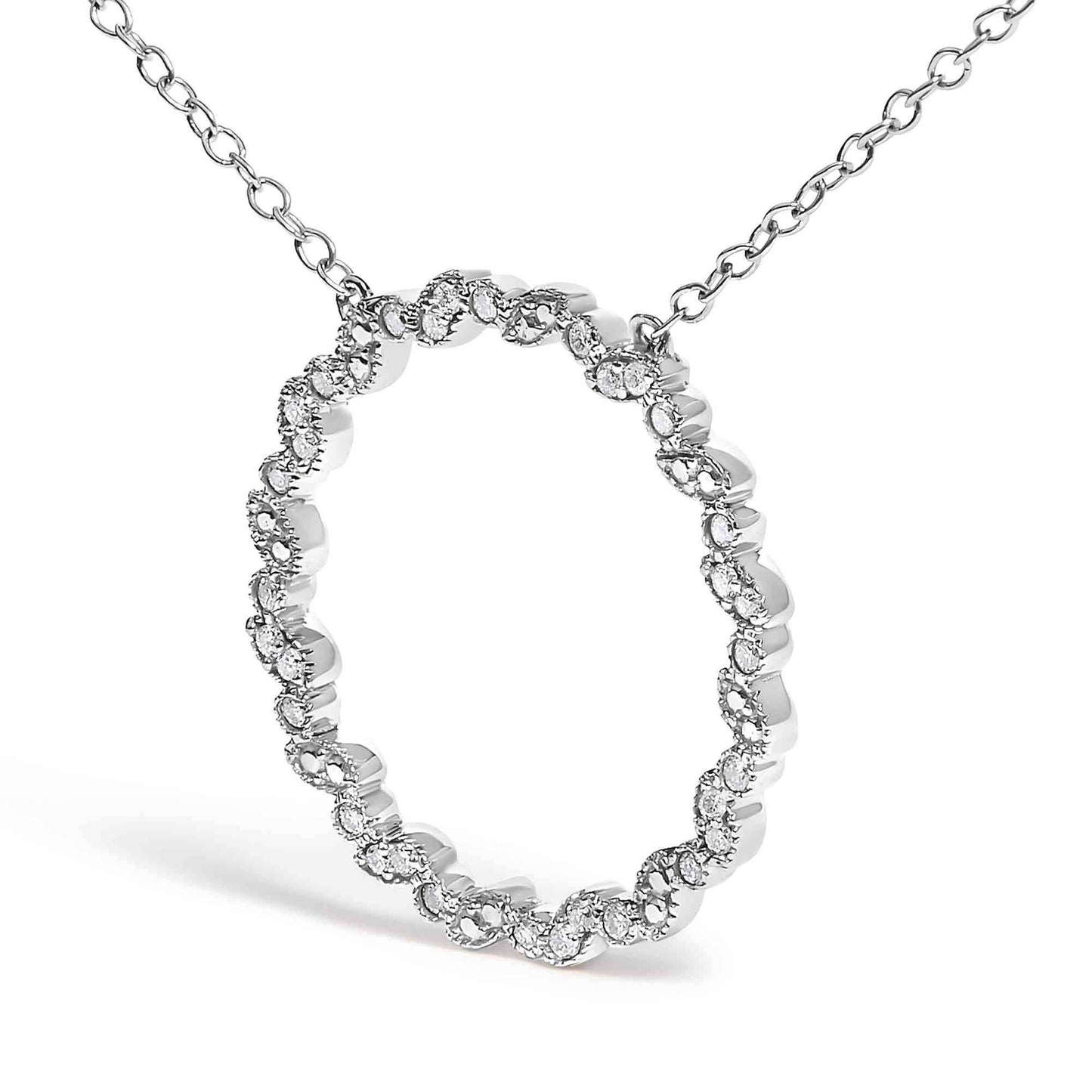 .925 Sterling Silver 1/7 Cttw Lab Grown Diamond Beaded Love Circle Pendant Necklace - Size 18 Inches - Bijoux-NYC Direct
