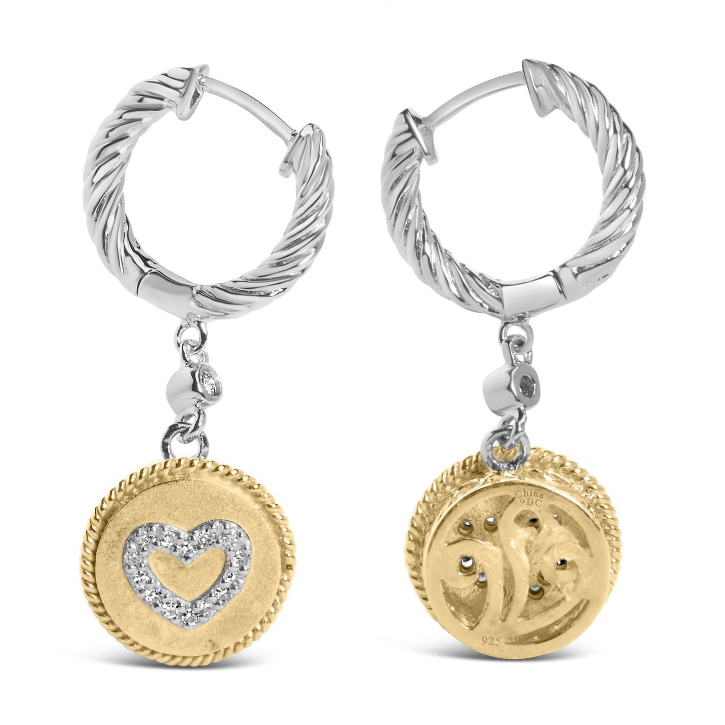 18K Yellow Gold Plated .925 Sterling Silver 1/8 Cttw Diamond Heart Medallion Drop and Dangle Earring (I-J Color, SI1-SI2 Clarity) - Bijoux-NYC Direct