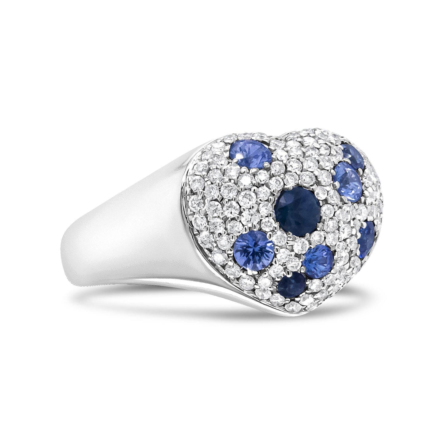 18K White Gold Blue Sapphire and 5/8 Cttw Diamond Cluster Heart Shaped Ring (F-G Color, VS1-VS2 Clarity) - Bijoux-NYC Direct