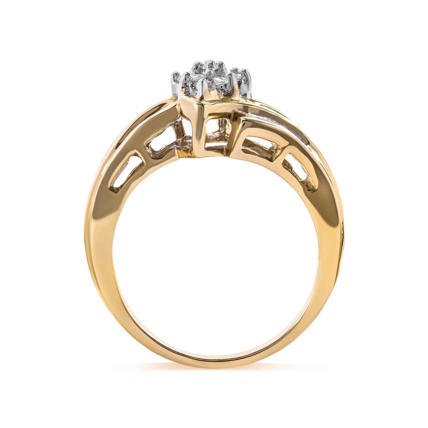 10K Yellow Gold 1/2 Cttw Round And Baguette-cut Diamond Cluster Head and Channel Set Shank Ring (H-I Color, I1-I2 Clarity) - Bijoux-NYC Direct