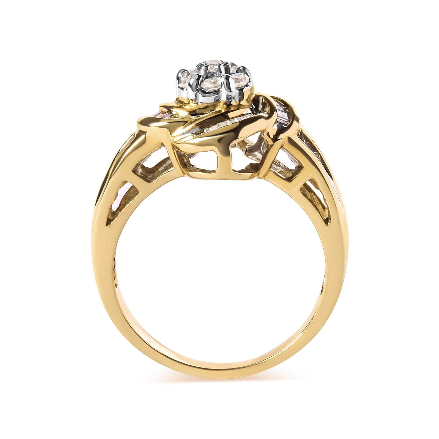 10K Yellow Gold 1/2 Cttw Round and Baguette Diamond Flower Swirl Cocktail Ring (I-J Color, SI2-I1 Clarity) - Bijoux-NYC Direct