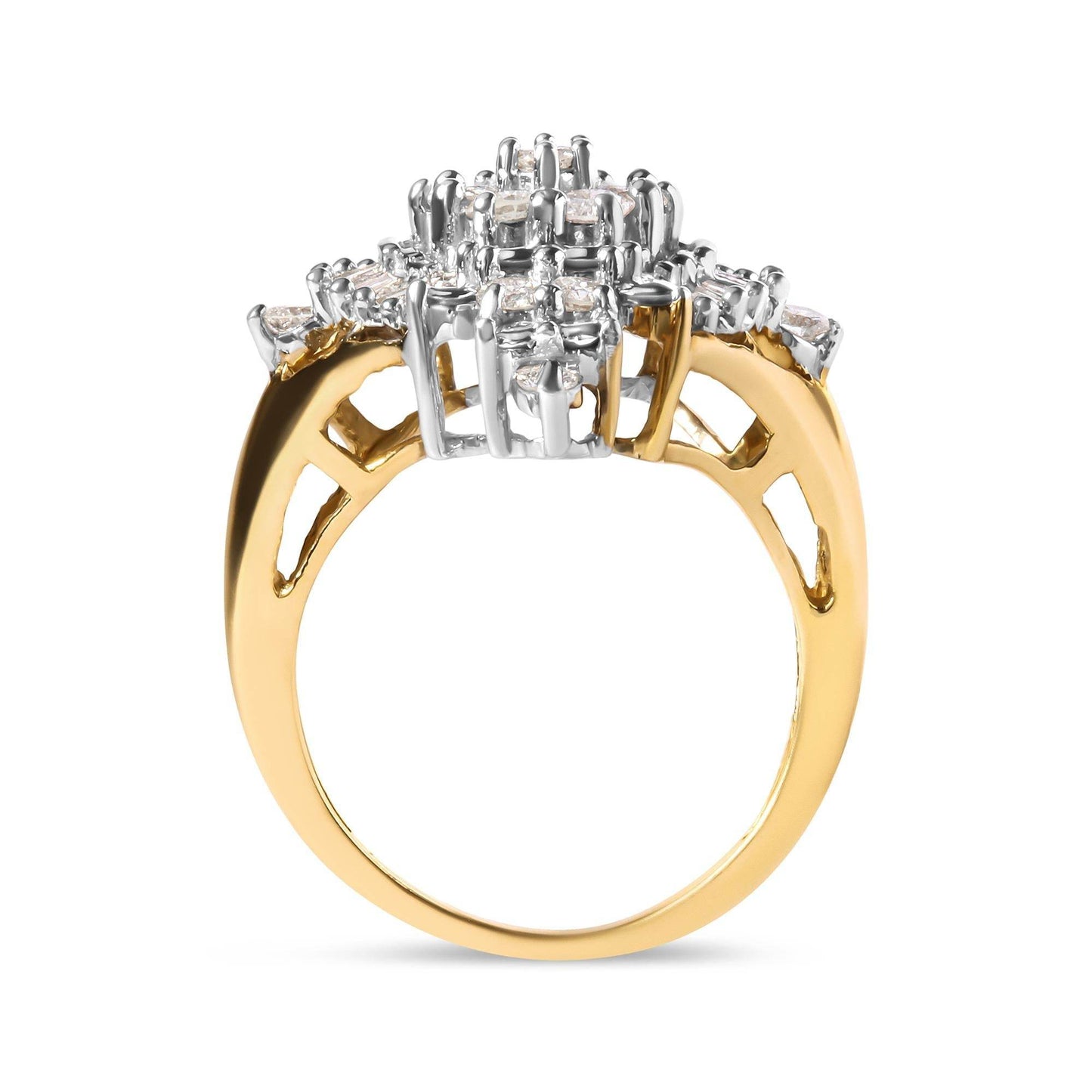 10K Yellow Gold 1 Cttw Round and Baguette cut Diamond Cluster and Rhombus Halo Ring (H-I Color, I1-I2 Clarity) - Bijoux-NYC Direct