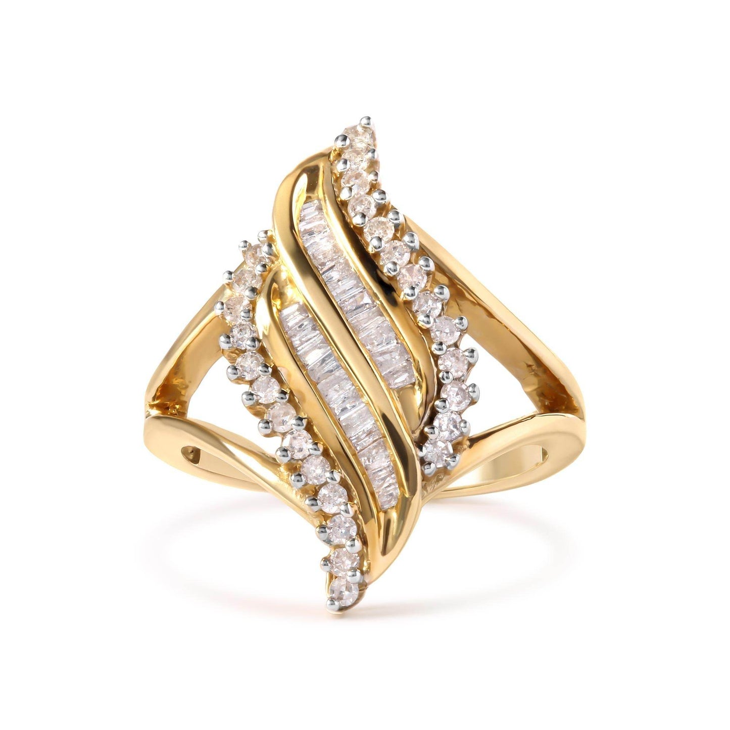 10K Yellow Gold 1/2 Cttw Round and Baguette Cut Diamond Cocktail Ring (H-I Color, I1-I2 Clarity) - Bijoux-NYC Direct