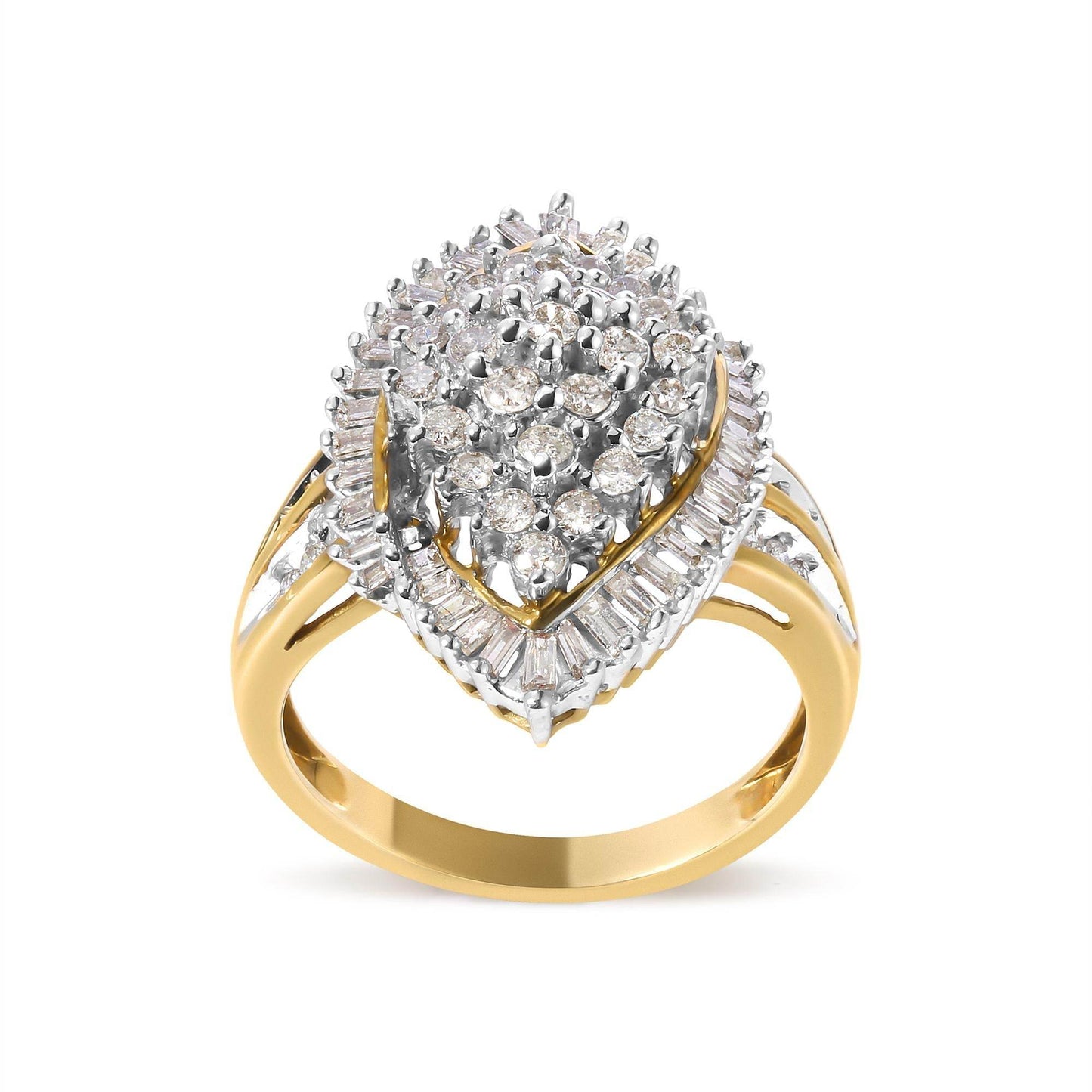 10K Yellow Gold 1.0 Cttw Round and Baguette-Cut Diamond Cluster Ring (I-J Color, SI2-I1 Clarity) - Bijoux-NYC Direct