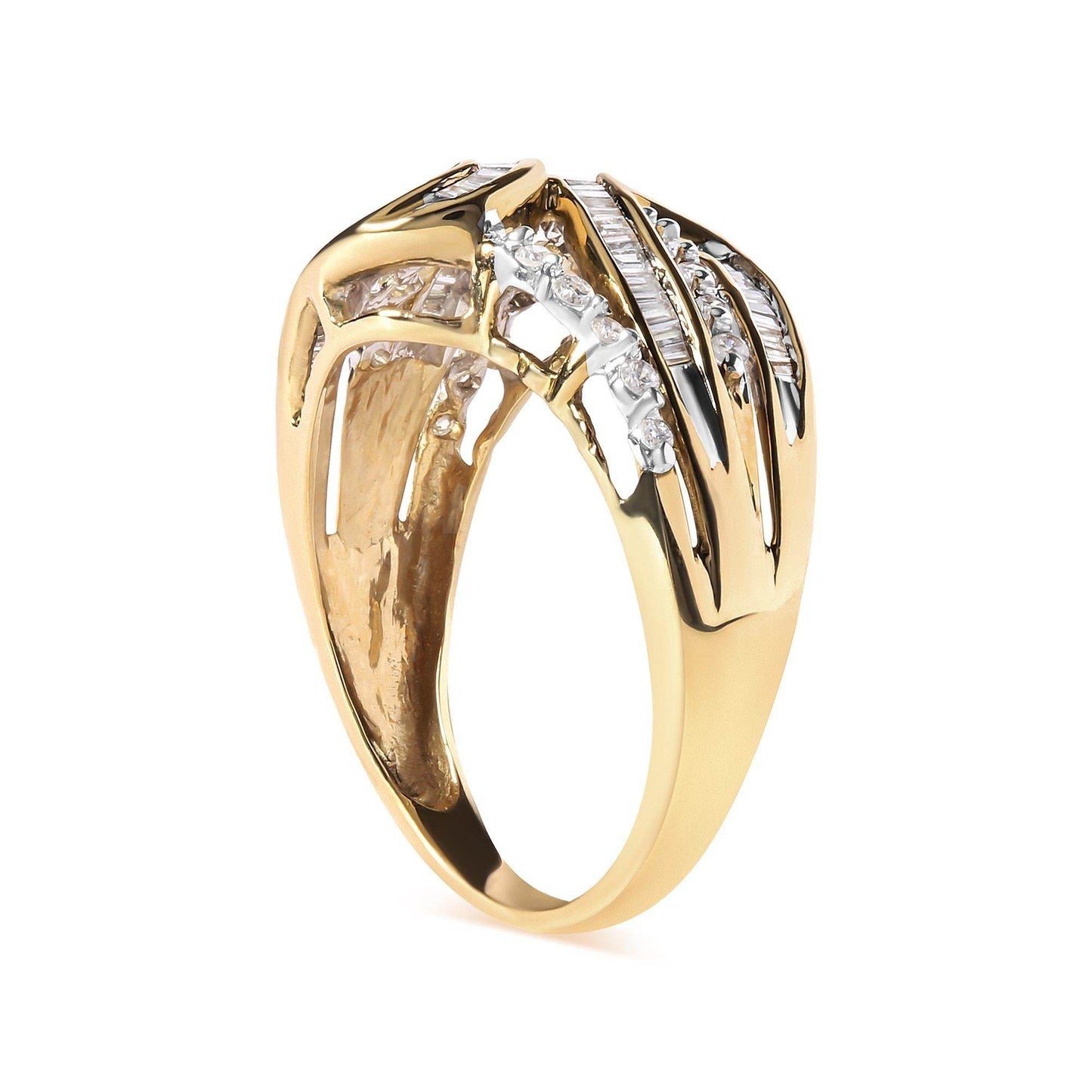 10K Yellow Gold 1/2 Cttw Round and Baguette cut Diamond Open Space Bypass Ring (H-I Color, SI2-I1 Clarity) - Bijoux-NYC Direct