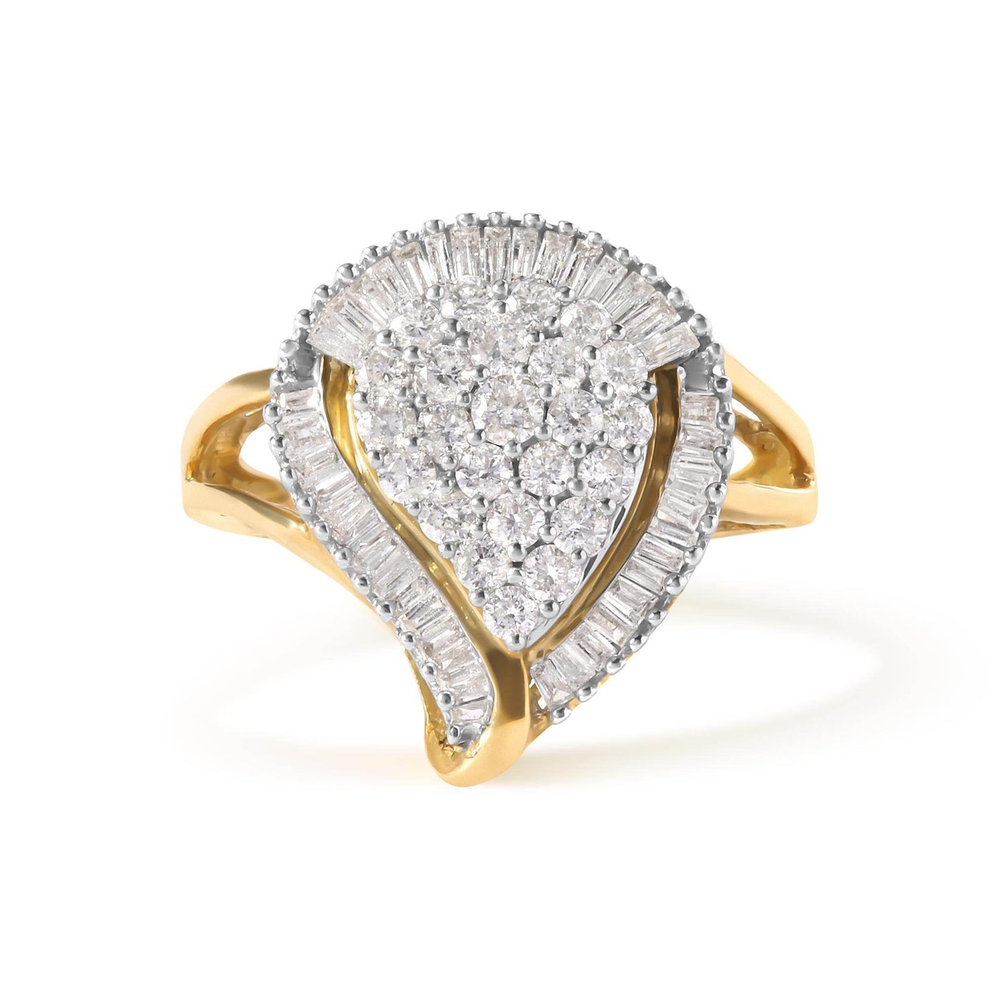 10K Yellow Gold 1 Cttw Round and Baguette Cut Diamond Ballerina Cluster Ring (H-I Color, SI2-I1 Clarity) - Bijoux-NYC Direct