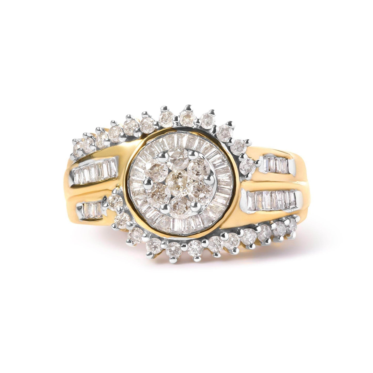 10K Yellow Gold 1 Cttw Round and Baguette cut Diamond Cluster Swirl Band Ring (H-I Color, I1-I2 Clarity) - Bijoux-NYC Direct
