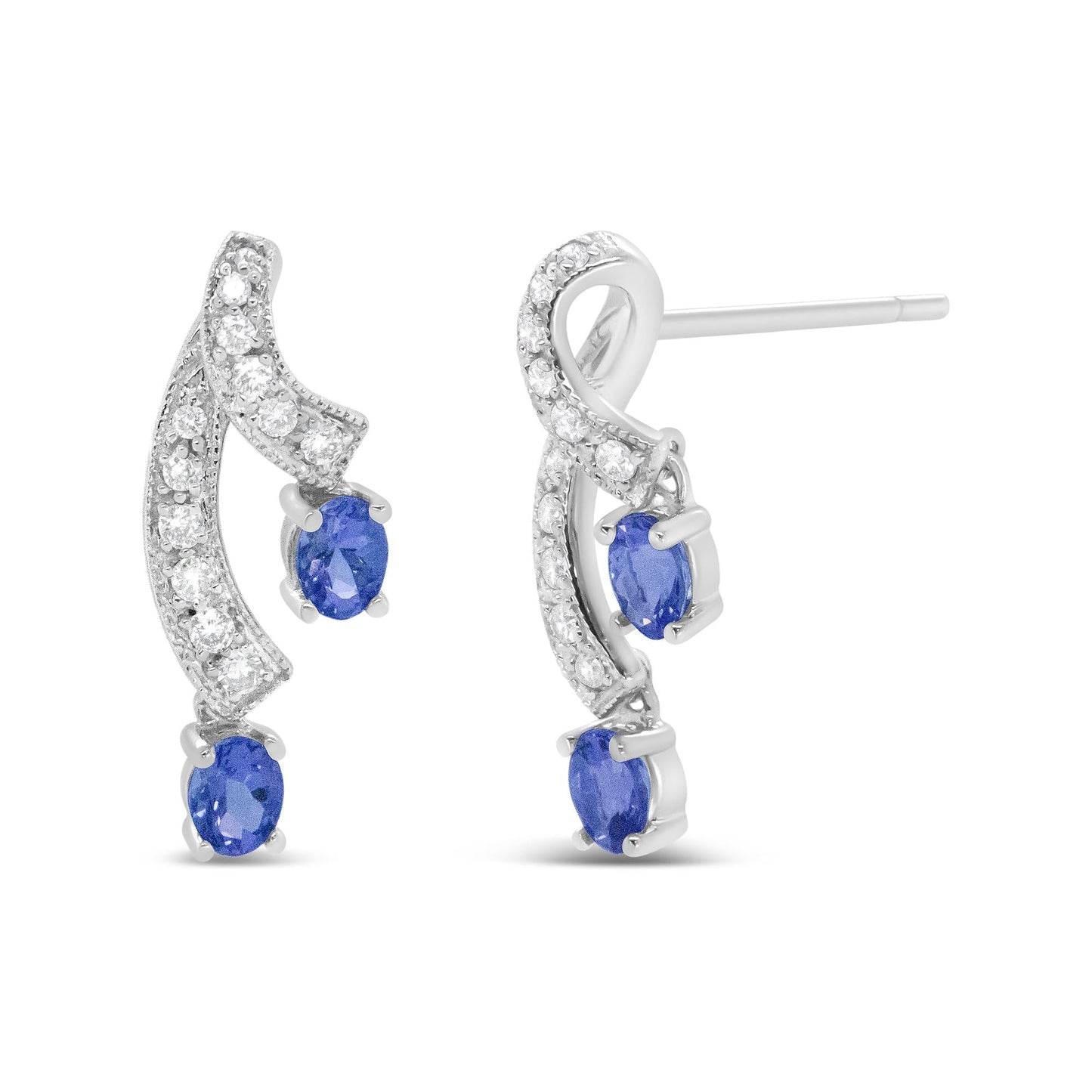 14K White Gold 4x3MM Oval Shaped Natural Blue Tanzanite Gemstone and 1/5 Cttw Diamond Double 3/4" Inch Drop Stud Earrings (H-I Color, VS1-VS2 Clarity) - Bijoux-NYC Direct