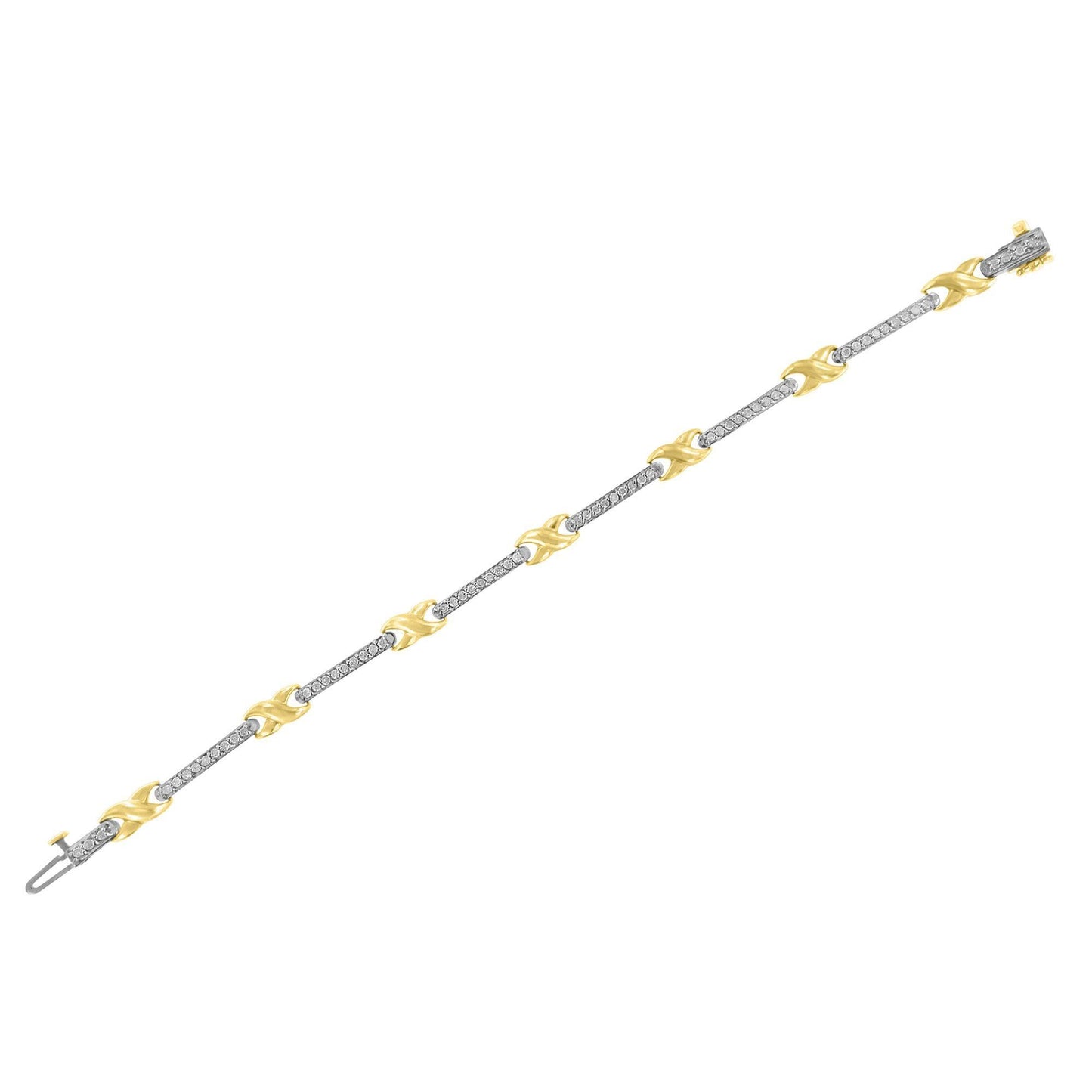 10K Yellow Gold 1.00 Cttw Pave Set Diamond Bar and X-Link 7" Bracelet (I-J Color, I3 Quality)