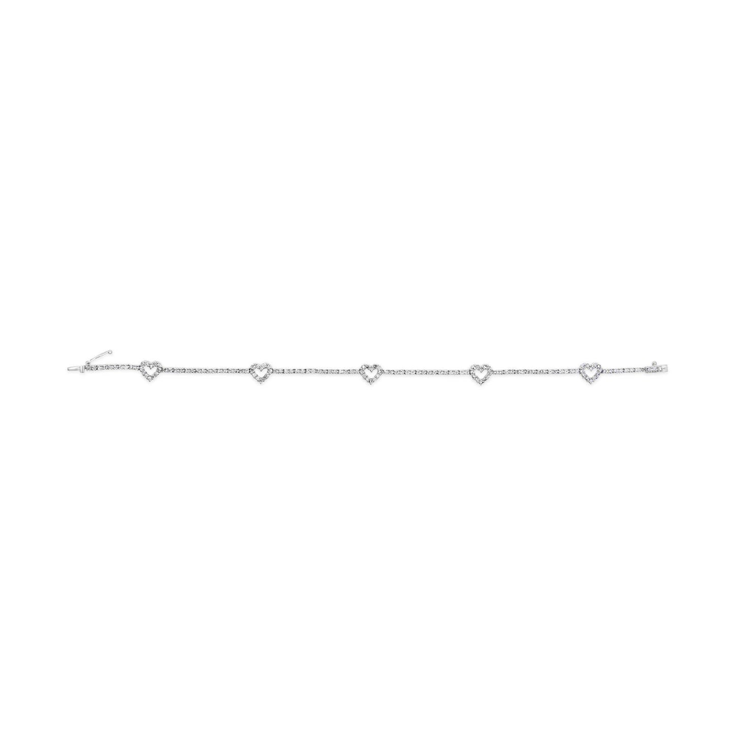 14K White Gold 1 1/2 Cttw Diamond Heart Station Strand Bracelet (H-I Color, I1-I2 Clarity) - 7.5 Inches - Bijoux-NYC Direct