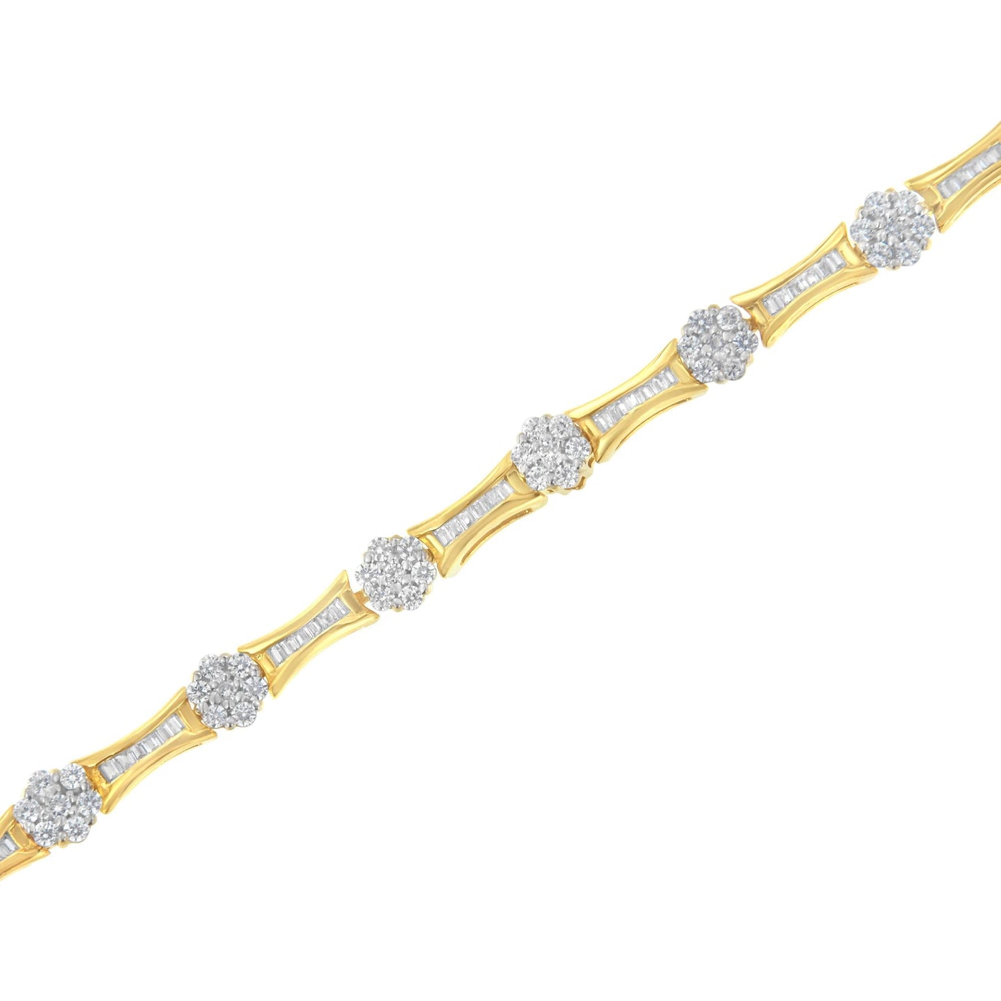 10K Yellow and White Gold 2.00 cttw Round and Baguette-Cut Diamond Link Bracelet (I-J Color, I2-I3 Clarity) - Size 7.25" - Bijoux-NYC Direct