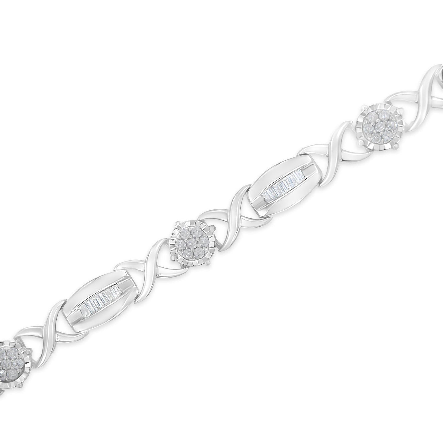 .925 Sterling Silver 1.0 Cttw Round-Cut and Baguette-Cut Diamond X-Link Bracelet (I-J Color, I1-I2 Clarity) - 7" - Bijoux-NYC Direct