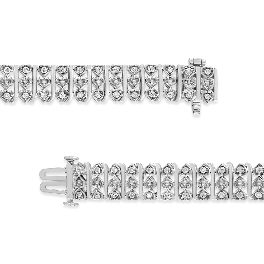 .925 Sterling Silver 1.00 Cttw Diamond Multi Row Heart Link Bracelet (H-I Color, I1-I2 Clarity) - 7.25" Inches - Bijoux-NYC Direct