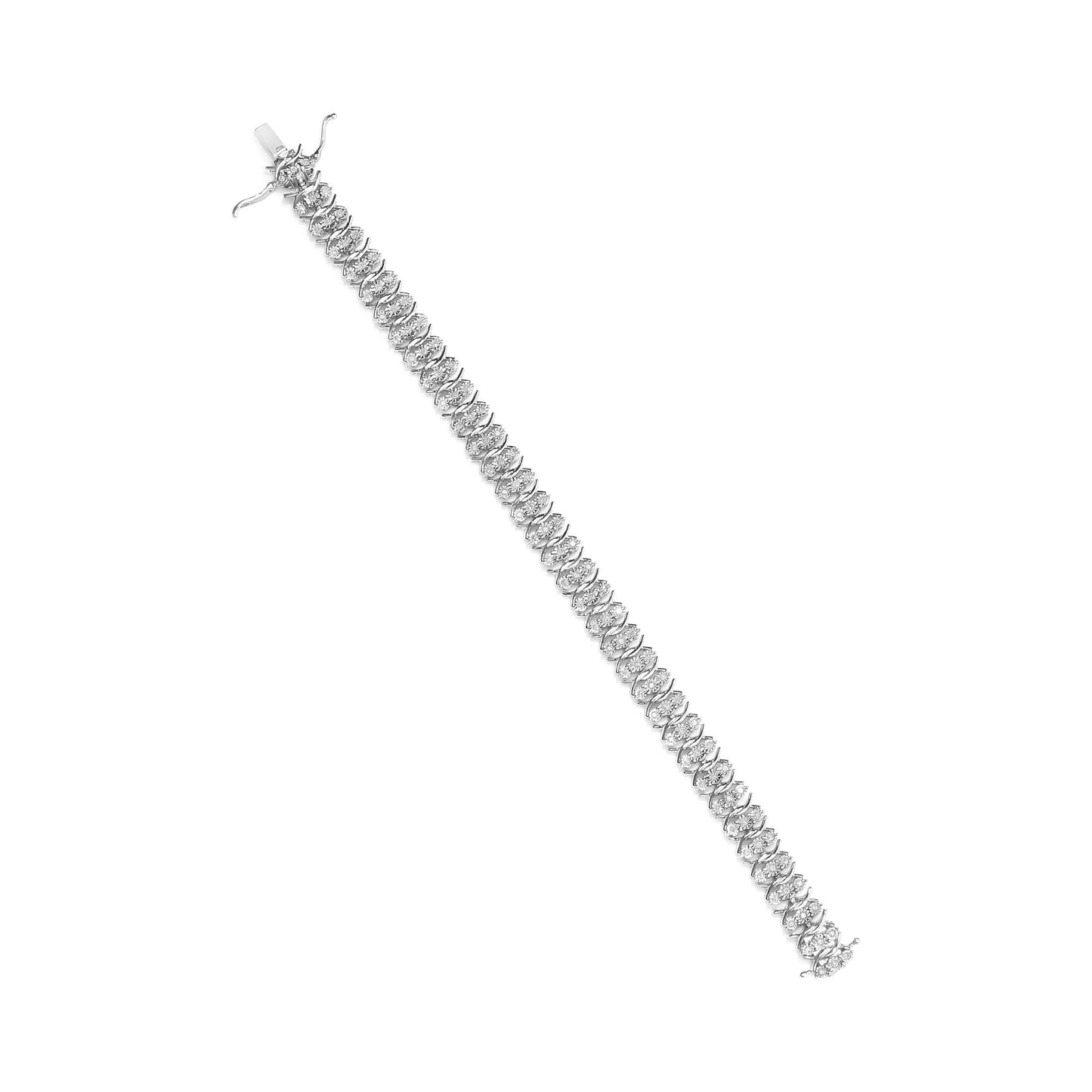 .925 Sterling Silver 1.0 Cttw Miracle Set Diamond 3 Row Wave Link Bracelet (I-J Color, I2-I3 Clarity) - 7.25" Inches - Bijoux-NYC Direct