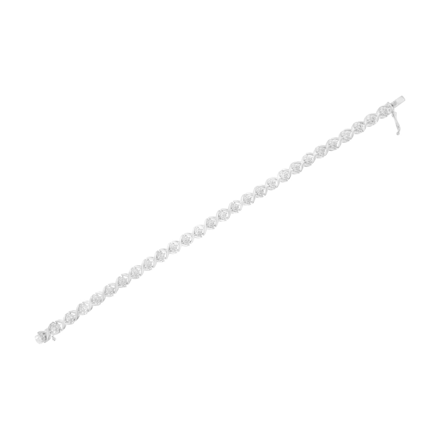.925 Sterling Silver Round-Cut Diamond Accent Floral Cluster and "X" Link Bracelet (I-J Color, I3 Clarity) - 7.25" - Bijoux-NYC Direct