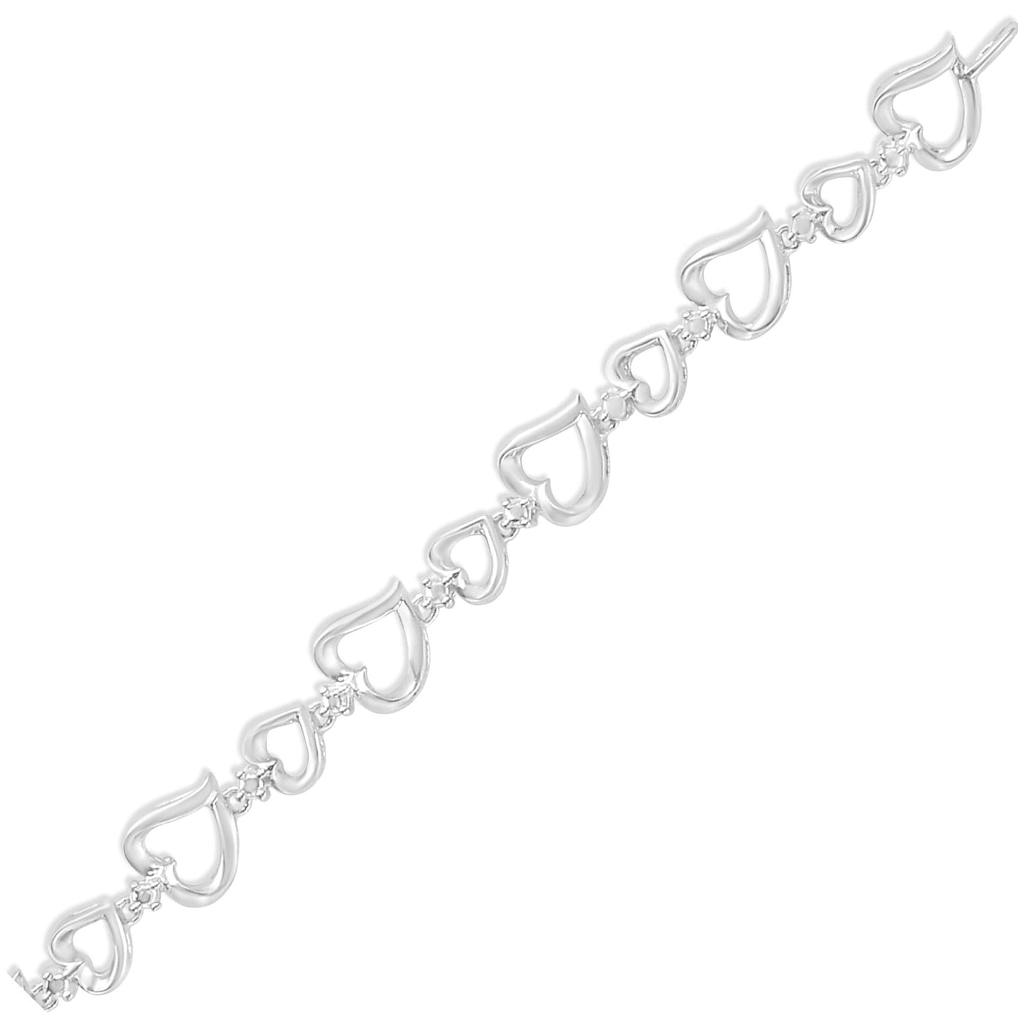 .925 Sterling Silver Prong Set Diamond Accent Alternating Heart Link Bracelet (I-J Color, I3 Clarity) - 7.25" Inches - Bijoux-NYC Direct