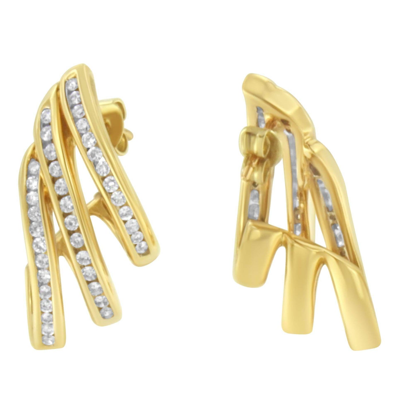 10K Yellow Gold 1.0 Cttw Round Brilliant Cut Diamond Spiral Multi Row Channel Set Open Hoop Pushback Stud Earrings (H-I Color, I1-I2 Clarity) - Bijoux-NYC Direct