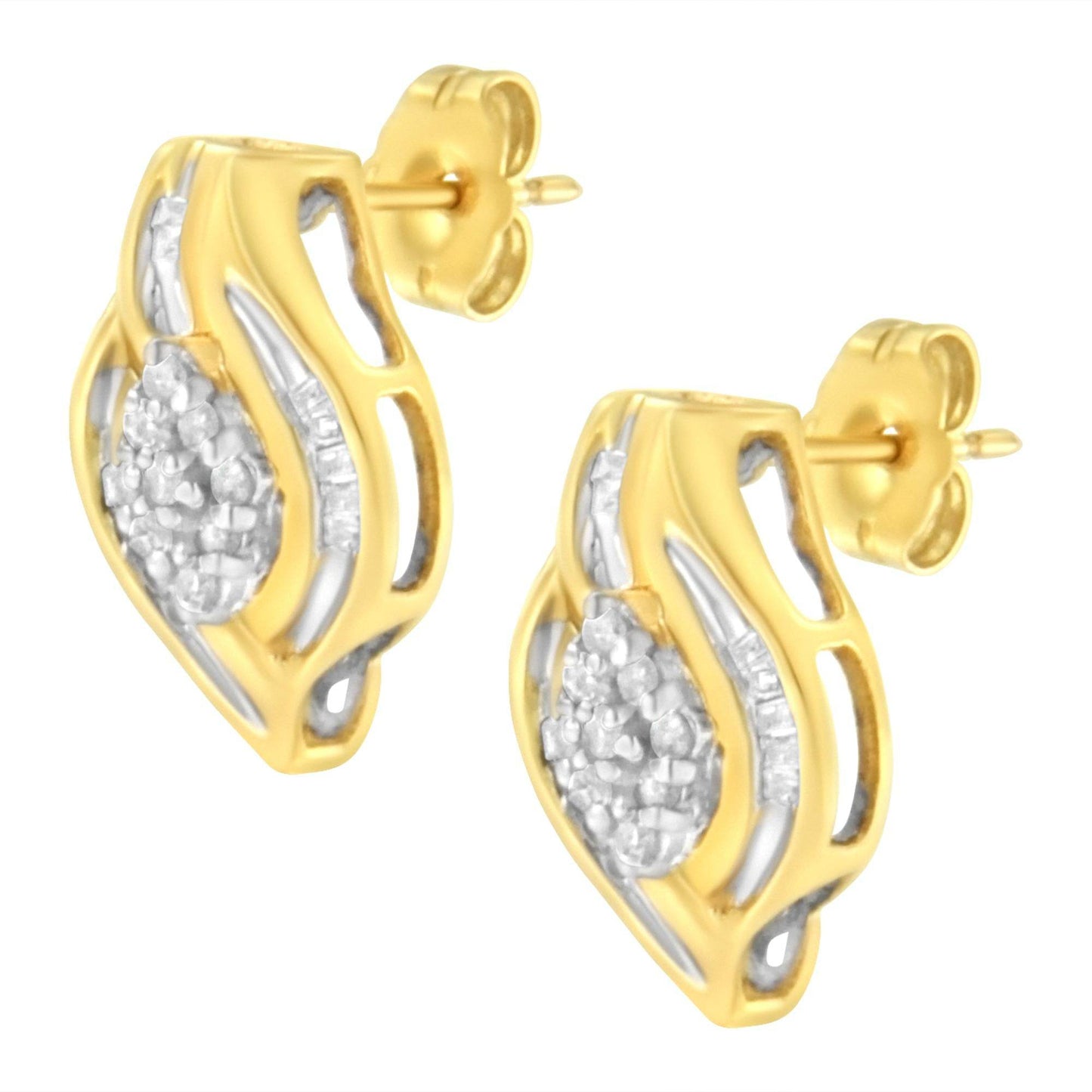 10K Yellow Gold 1/3 cttw Round-Cut Diamond Cluster and Swirl Stud Earrings (J-K Clarity, I2-I3 Color) - Bijoux-NYC Direct