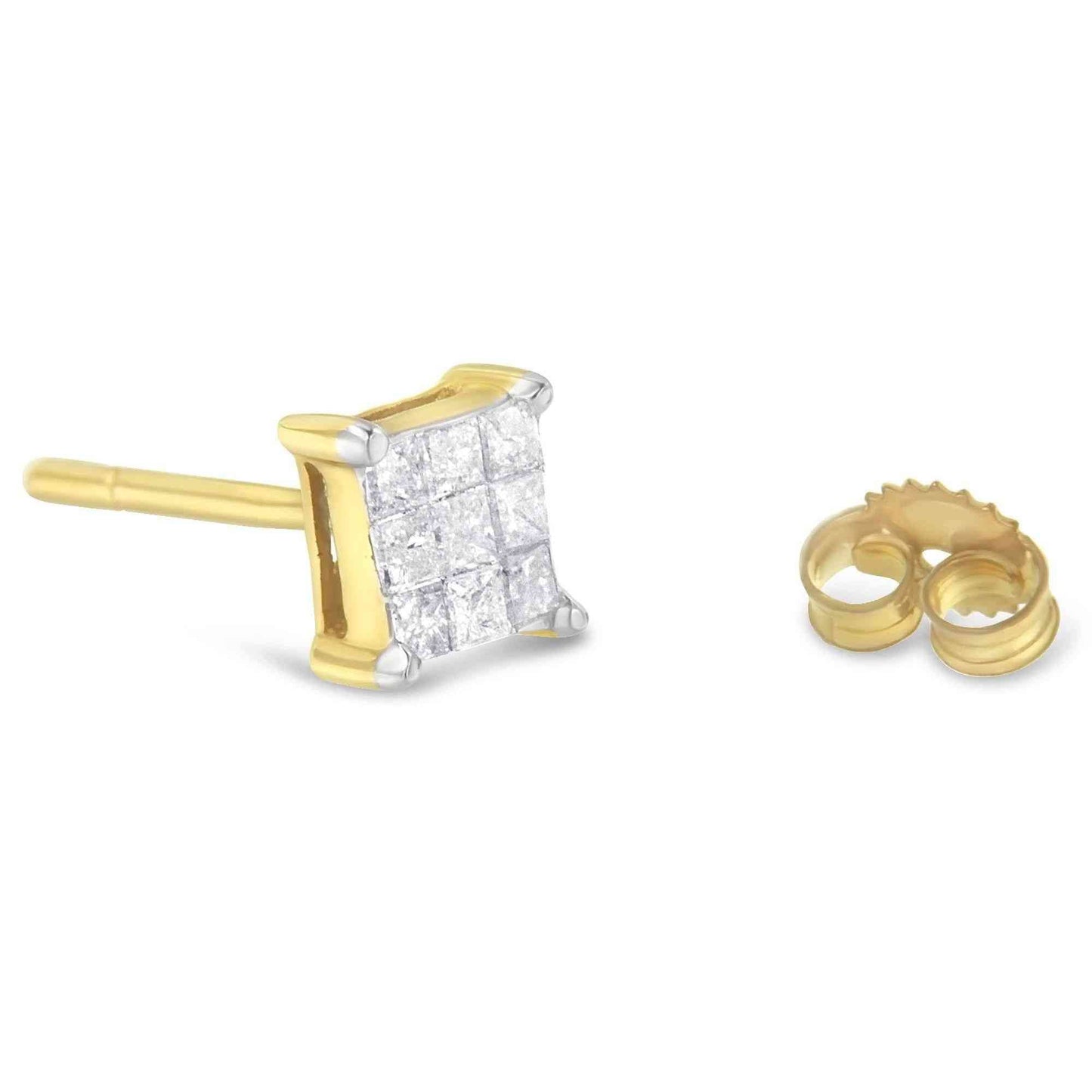 14K Yellow Gold 1/2 Cttw Invisible Set Princess-Cut Diamond 9 Stone Square Stud Earrings (J-K Color, SI2-I1 Clarity) - Bijoux-NYC Direct