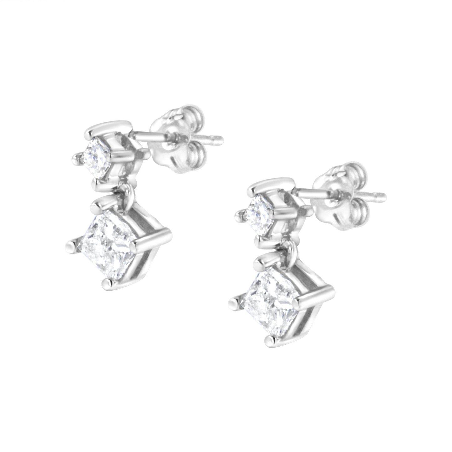 14K White Gold 1.0 Cttw Princess-Cut Double Diamond Drop Stud Earrings for Women (H-I Color, I1-I2 Clarity) - Bijoux-NYC Direct