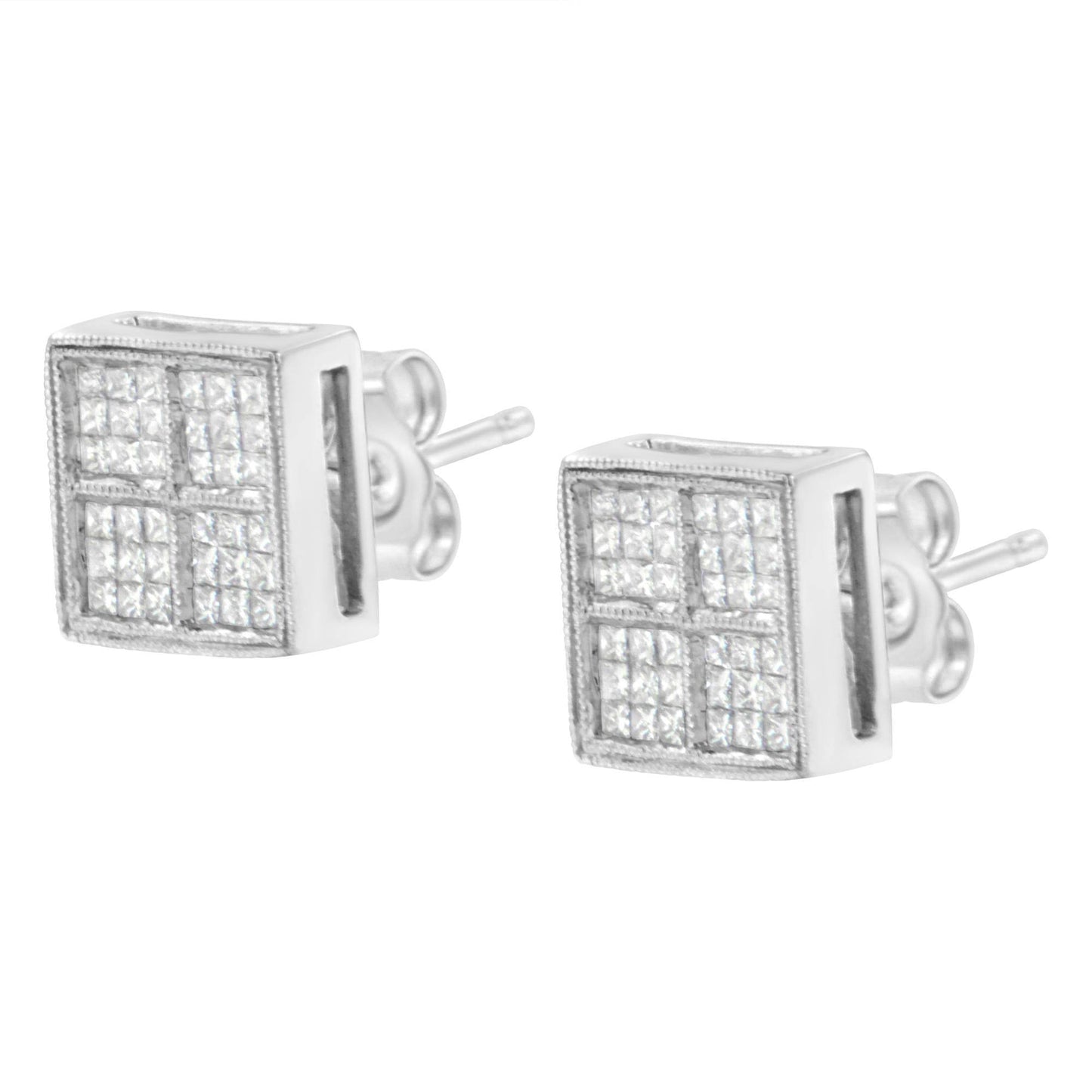 14K White Gold 1/2 Cttw Princess Diamond Composite Box Shape Milgrain Stud Earrings (H-I Color, SI1-SI2 Clarity) - Bijoux-NYC Direct