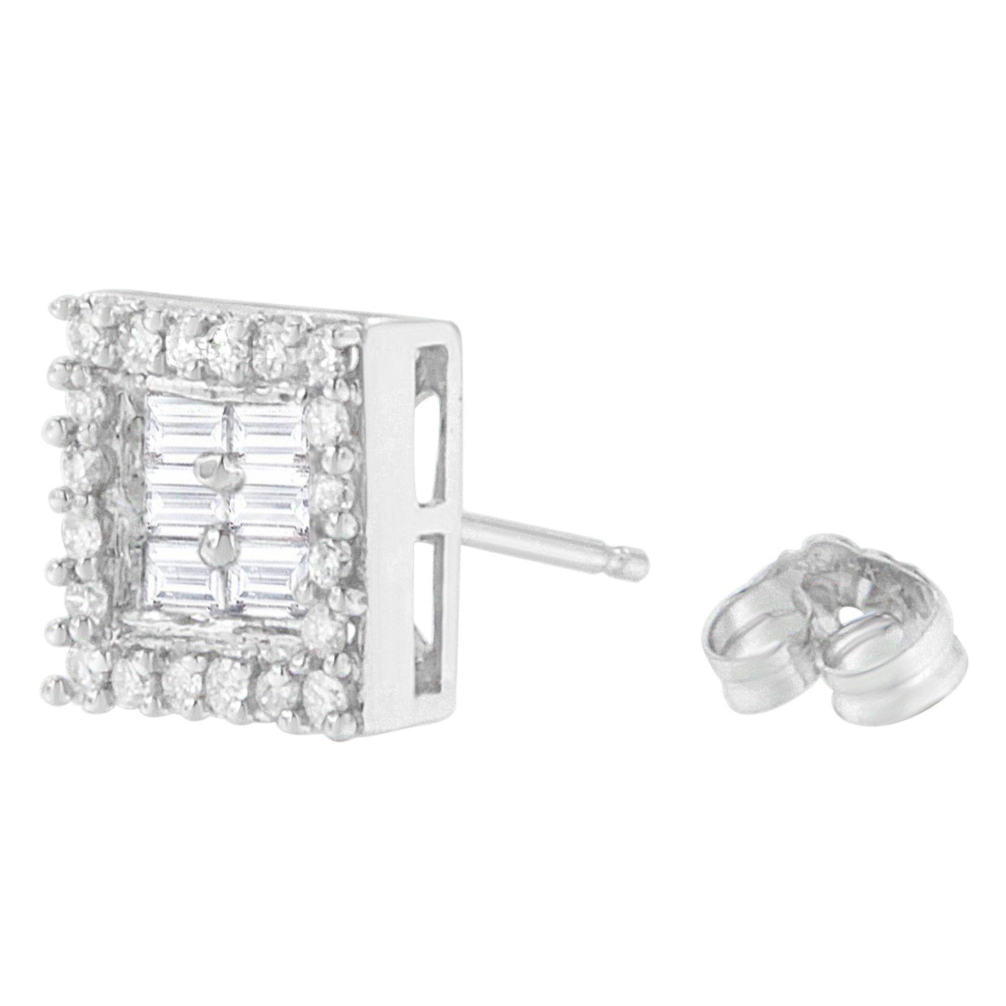 14K White Gold 1 cttw Round and Baguette Diamond Stud Earrings (H-I, SI1-SI2) - Bijoux-NYC Direct