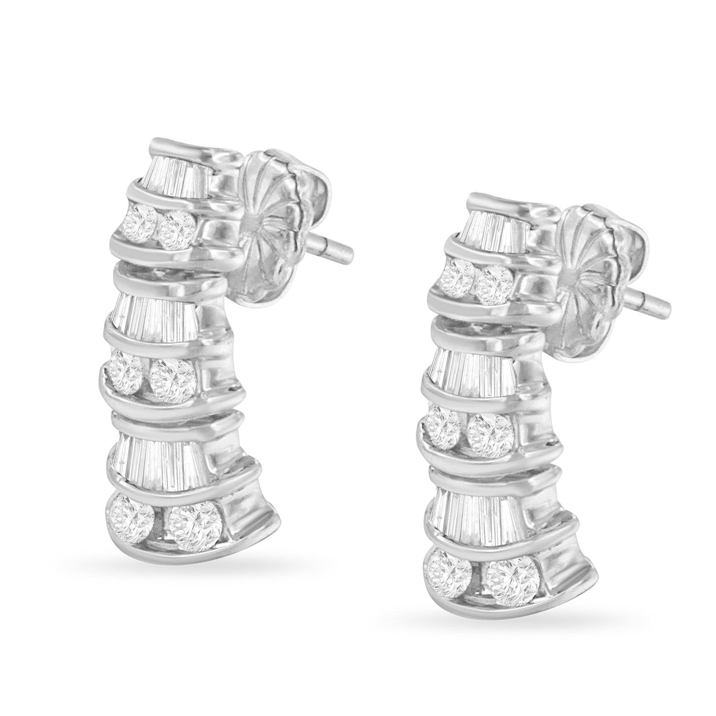 14KT White Gold 7/8 cttw Bagutte & Round Brilliant-Cut Diamond Dangle Multi Row Earrings (H-I, SI2-I1) - Bijoux-NYC Direct