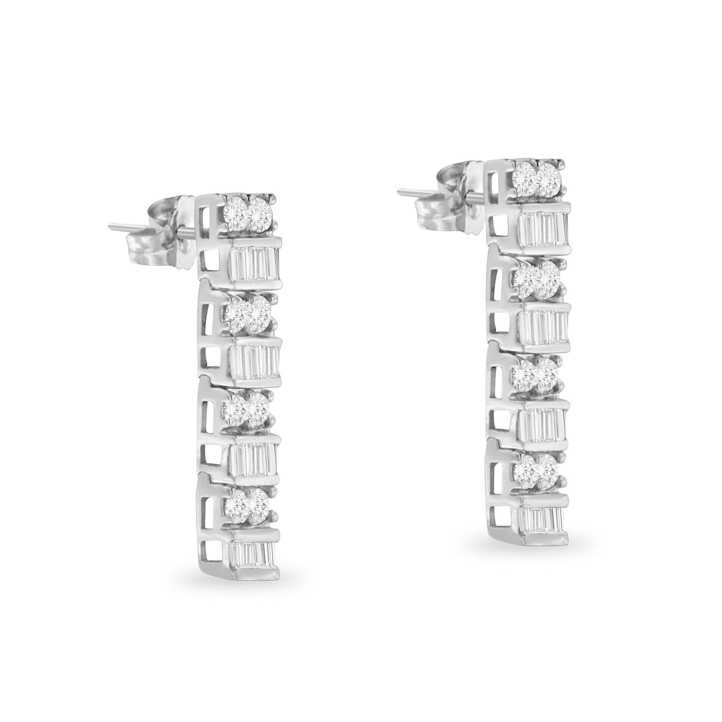 14K White Gold 1 1/3 Cttw Alternating Round And Baguette Diamond Drop Earrings (H-I Color, SI2-I1 Clarity)