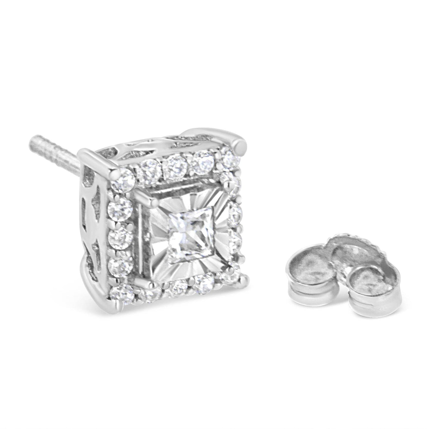 .925 Sterling Silver 1/4 Cttw Princess and Round Cut Diamond Halo Stud Earrings (I-J Color, I2-I3 Clarity) - Bijoux-NYC Direct