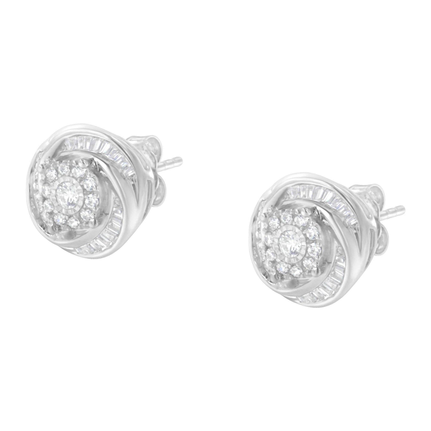 .925 Sterling Silver 3/4 Cttw Round and Baguette-Cut Diamond Love Knot Stud Earring (I-J Color, I2-I3 Clarity) - Bijoux-NYC Direct
