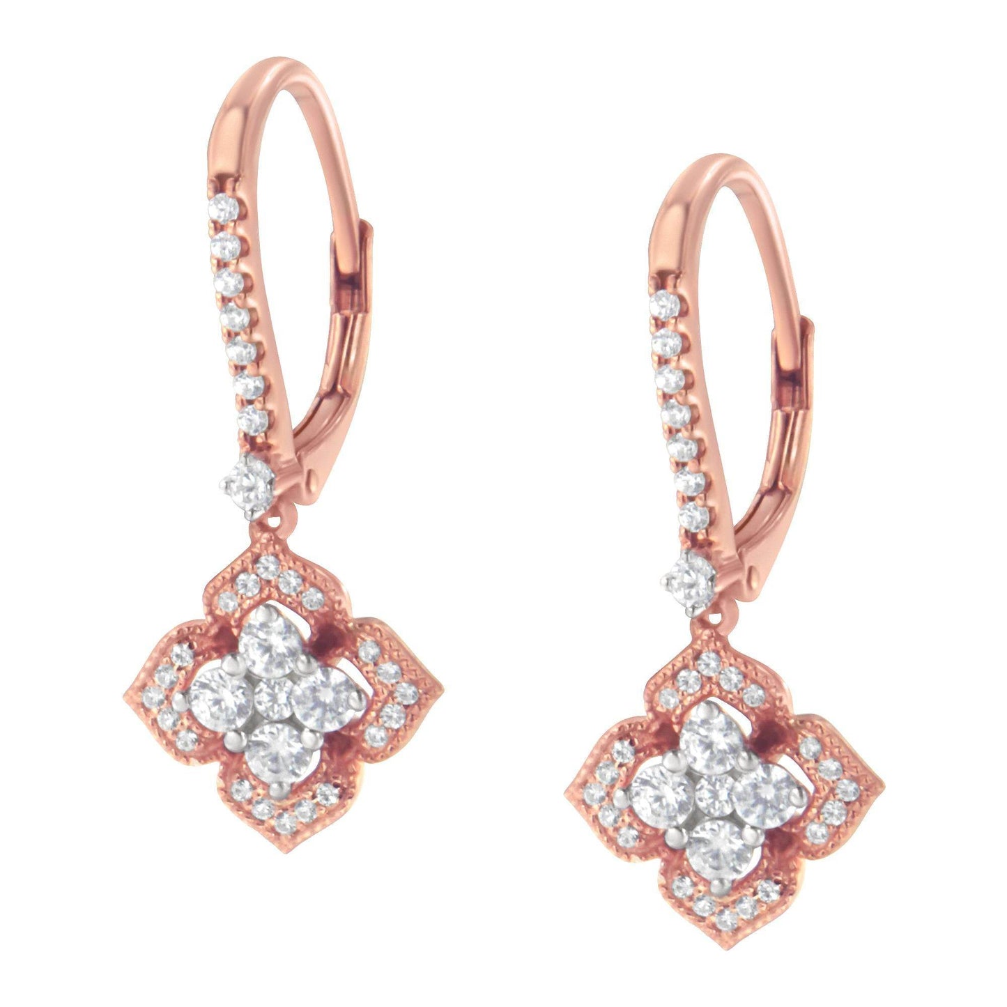 10K Rose Gold 3/4 Cttw Diamond Flower Drop Dangle Earring (I-J Color, I1-I2 Clarity) - Bijoux-NYC Direct
