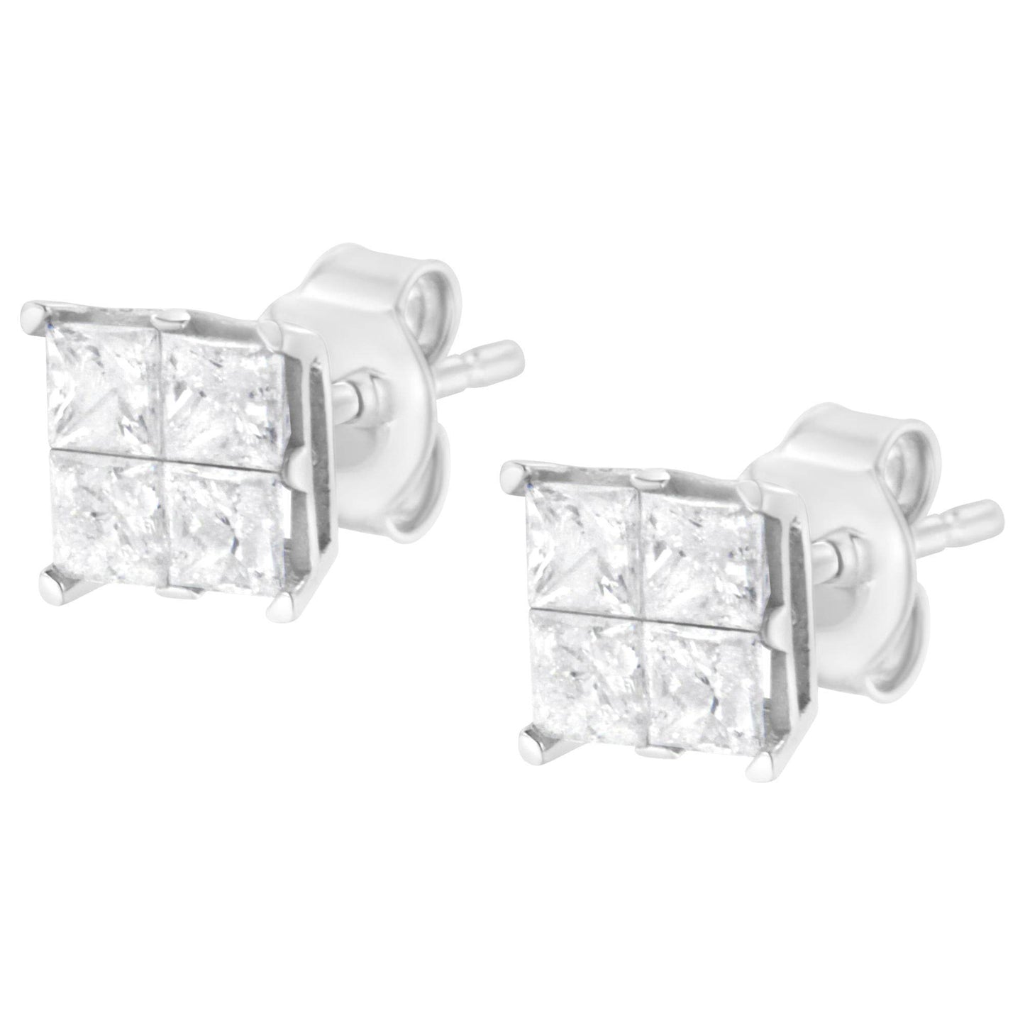 10K White Gold 1.00 cttw Invisible Set Princess-Cut Diamond Composite Square Shape Stud Earrings (G-H Color, I2-I3 Clarity) - Bijoux-NYC Direct