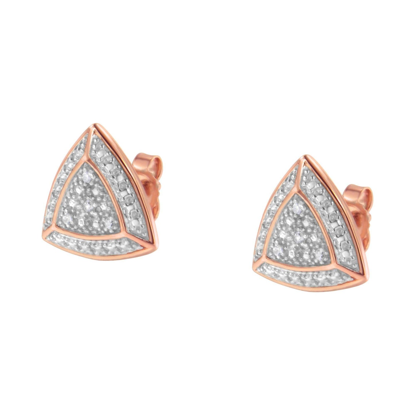14K Rose Gold over .925 Sterling Silver Diamond-Accented Trillion Shaped 4-Stone Halo-Style Stud Earrings (H-I Color, I2-I3 Clarity) - Bijoux-NYC Direct