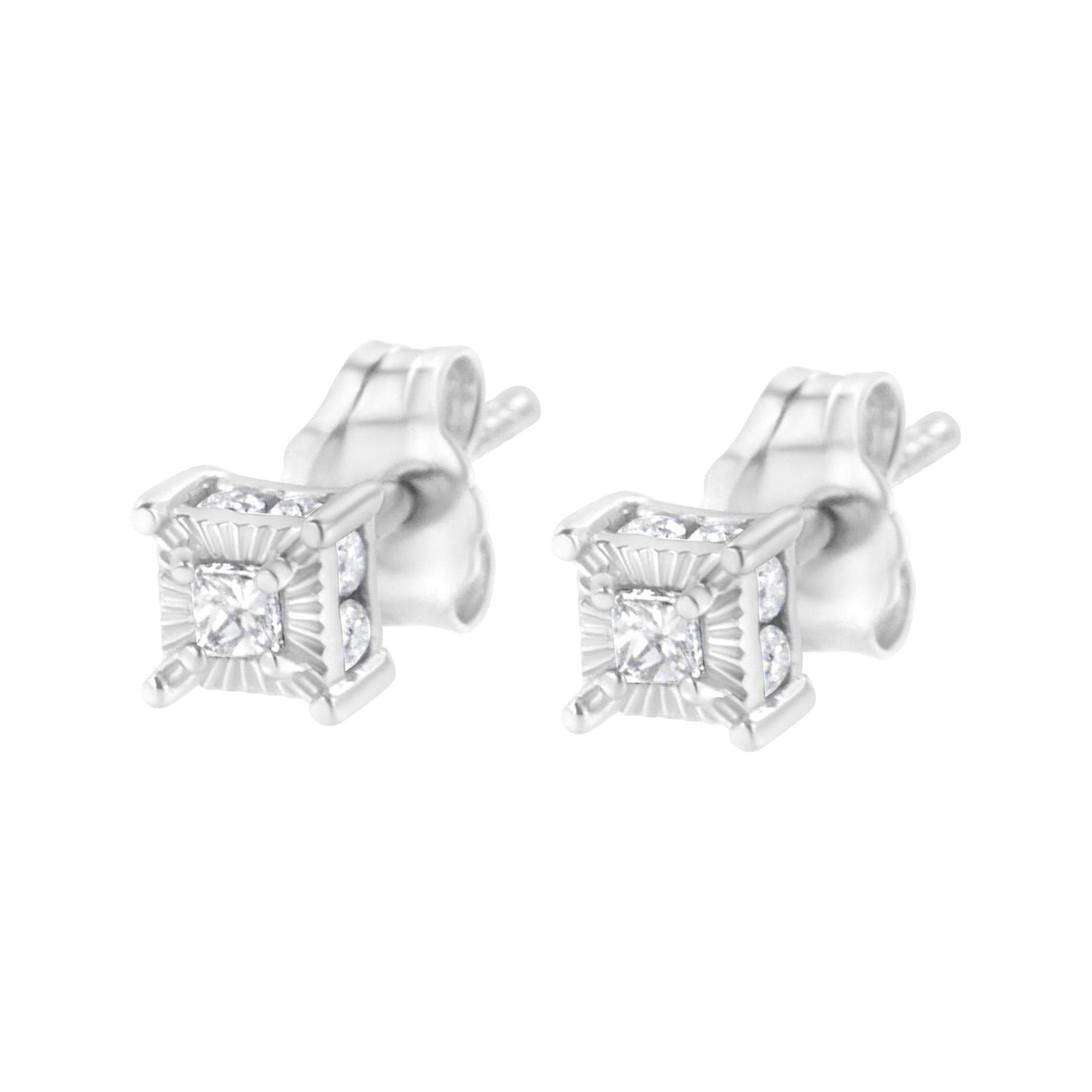 .925 Sterling Silver 1/4 Cttw Miracle Set Princess-Cut Diamond Solitaire Stud Earrings with Hidden Halo (I-J Color, SI2-I1 Clarity) - Bijoux-NYC Direct